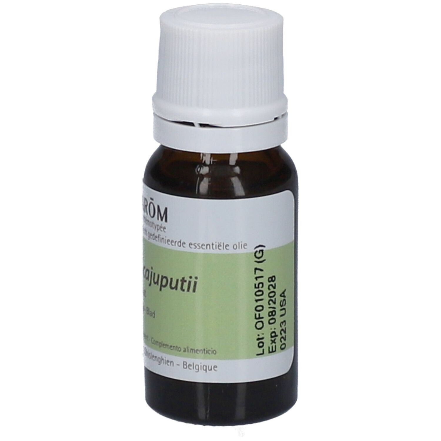 Flacon en verre brun avec bouchon blanc. Étiquette avec nom du produit et marque. Certification BIO, 10 ml.
