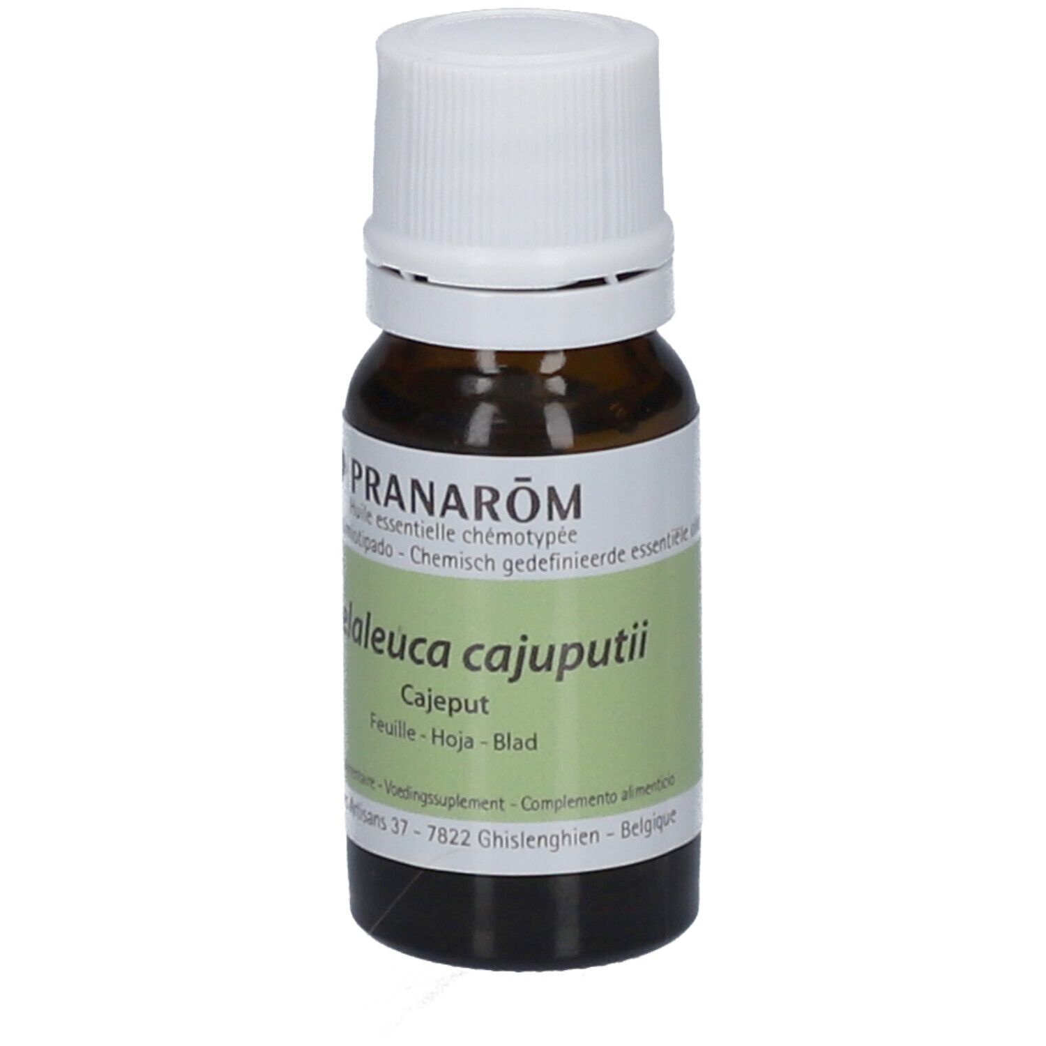 Flacon en verre brun avec bouchon blanc. Étiquette avec nom du produit et marque. Certification BIO, 10 ml.
