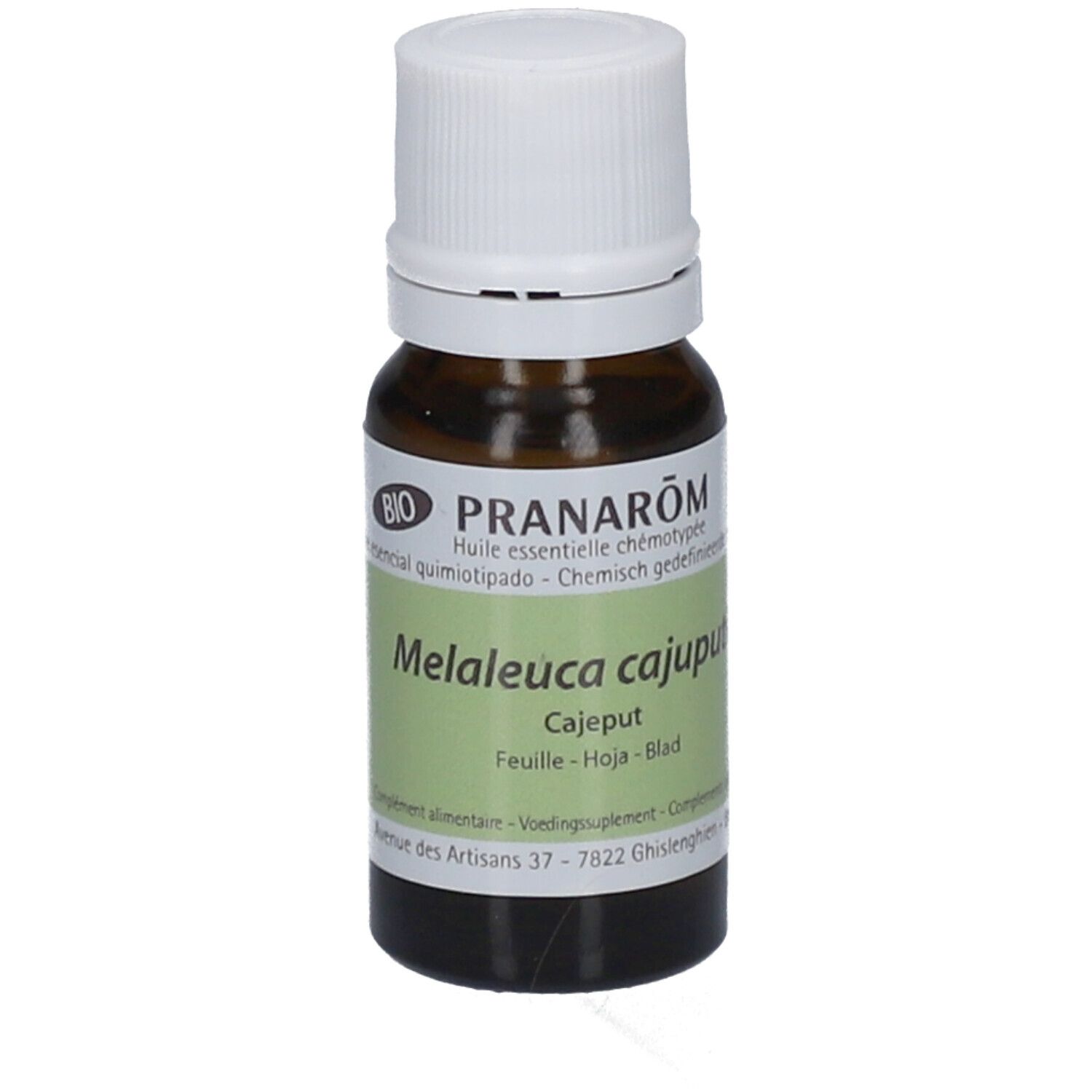 Flacon en verre brun avec bouchon blanc. Étiquette avec nom du produit et marque. Certification BIO, 10 ml.