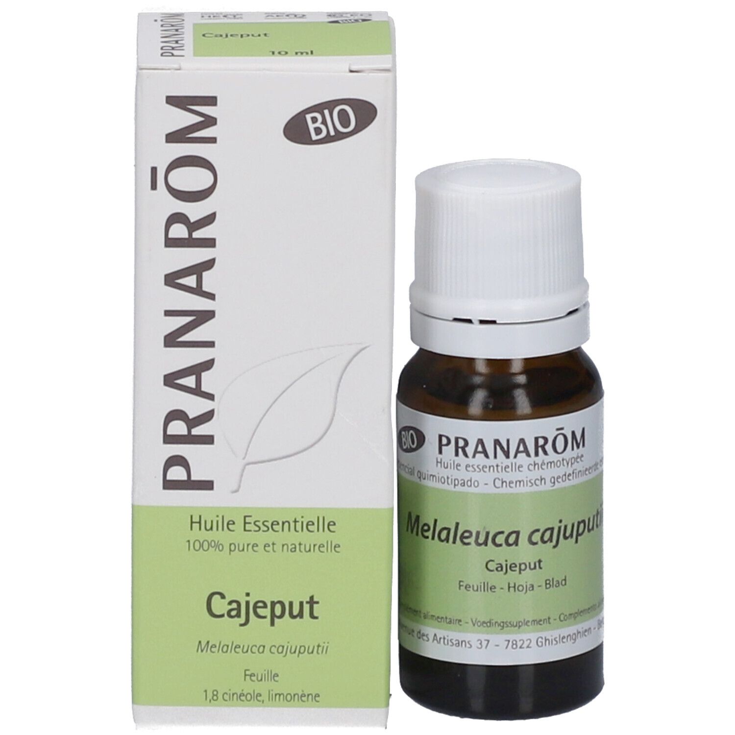 Flacon en verre brun avec bouchon blanc et emballage. Étiquette avec nom du produit et marque. BIO, 10 ml.