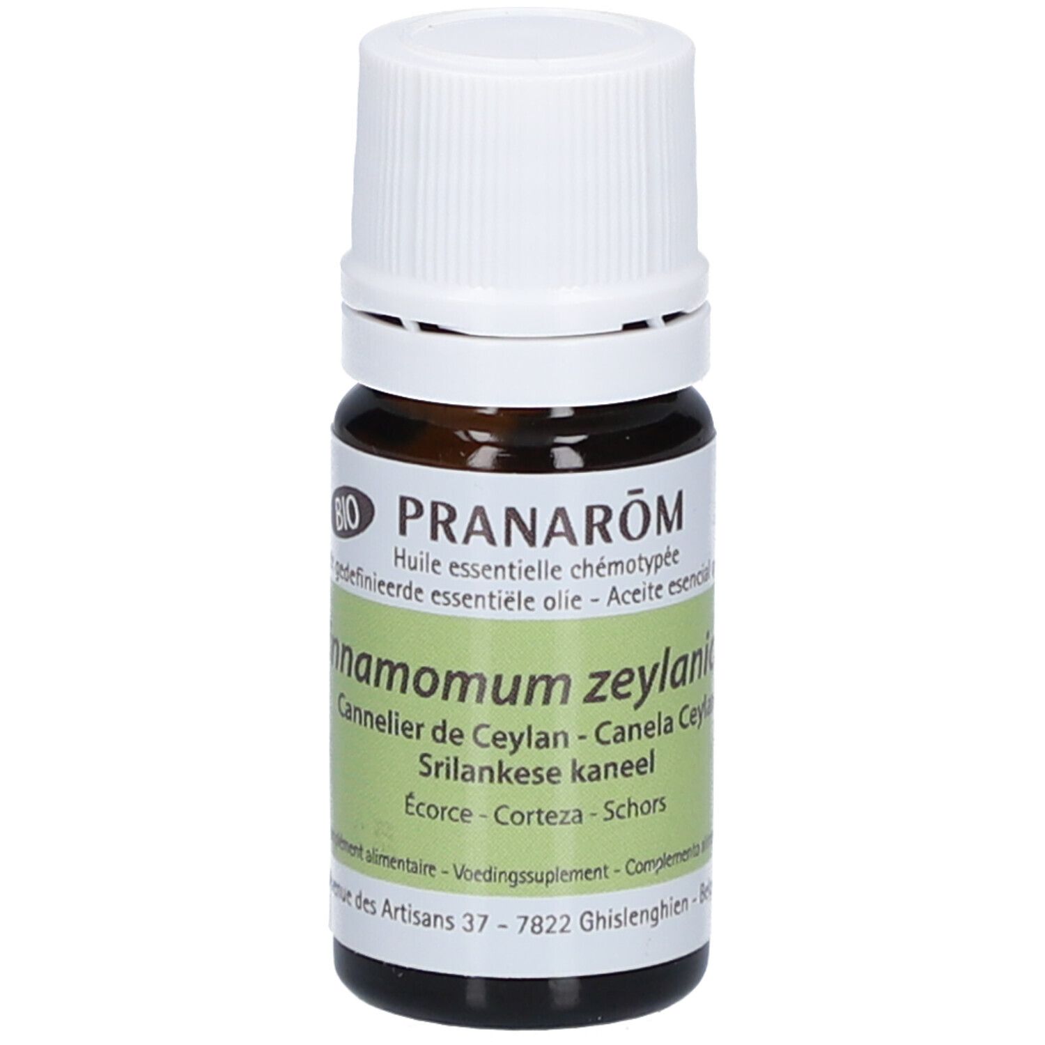 Flacon en verre brun avec bouchon blanc. Étiquette avec informations produit et label BIO. Texte: Pranarôm, Cannelle.