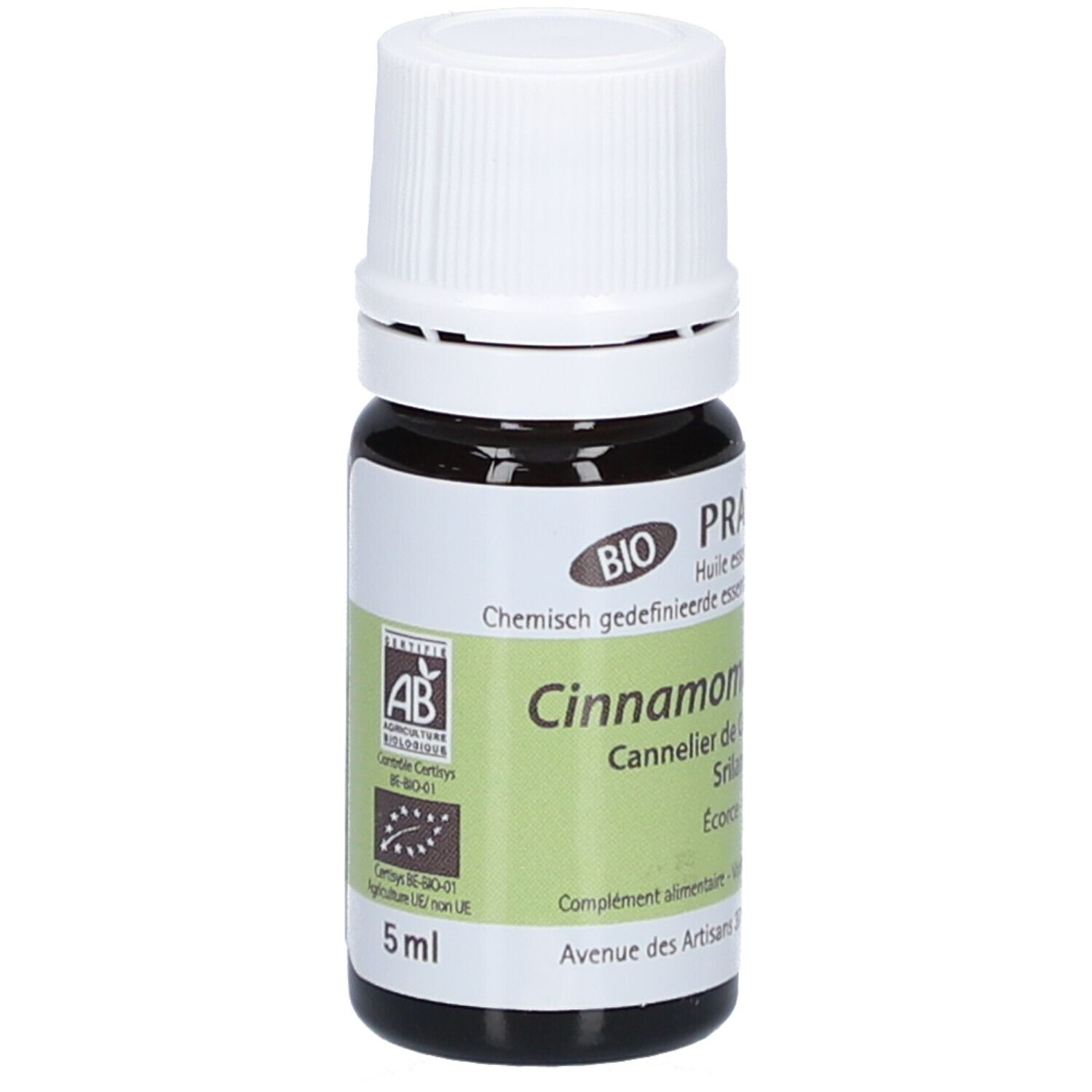 Flacon en verre brun avec bouchon blanc. Étiquette avec label AB et texte: Cinnamon, 5 ml. Certification: AB.