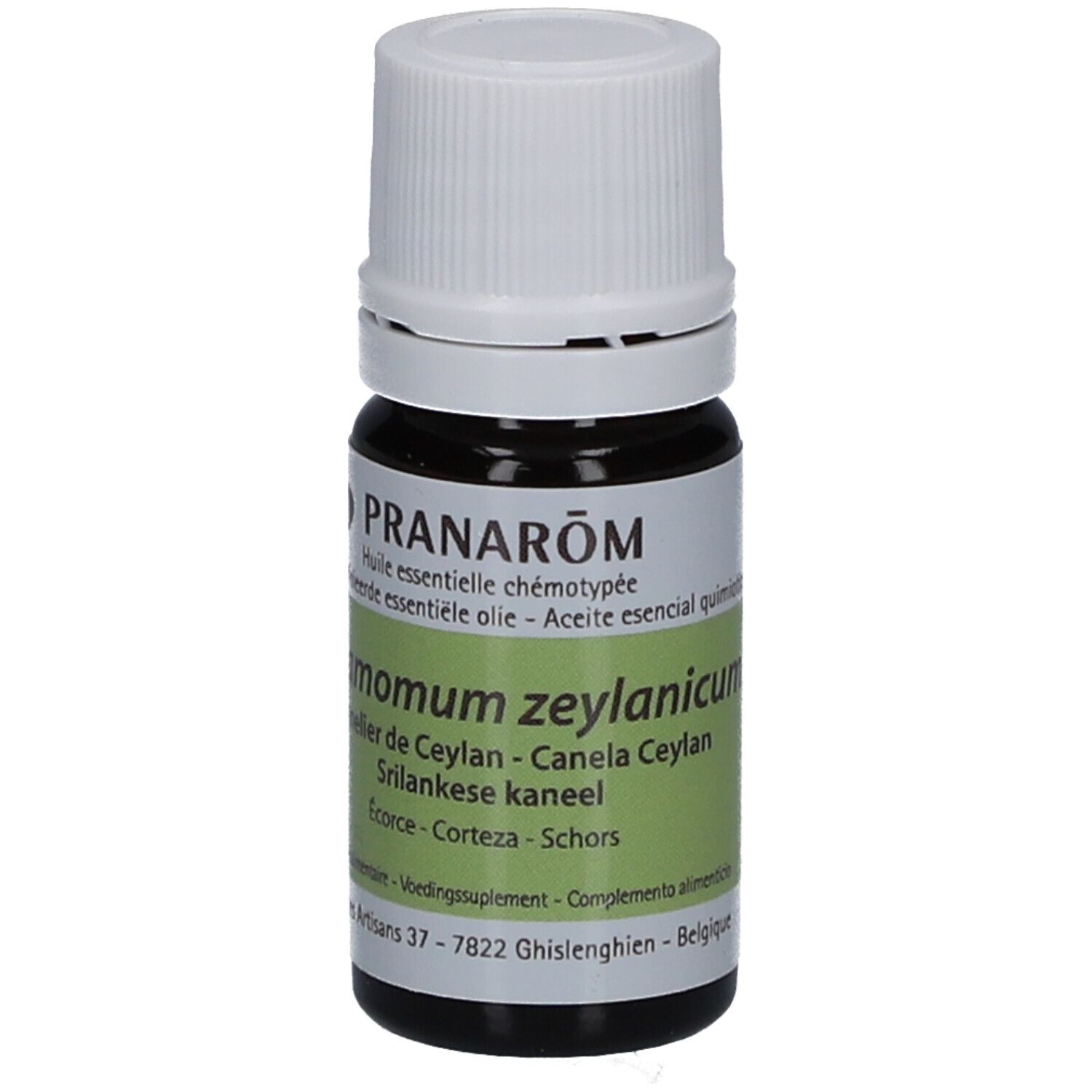 Flacon en verre brun avec bouchon blanc. Étiquette avec texte: Cinnamomum zeylanicum, 5 ml. Label BIO.