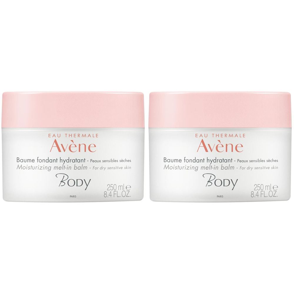 Deux pots de crème avec couvercle rose. Inscription: Eau Thermale Avène, Body. Texte: Baume fondant hydratant, 250 ml.
