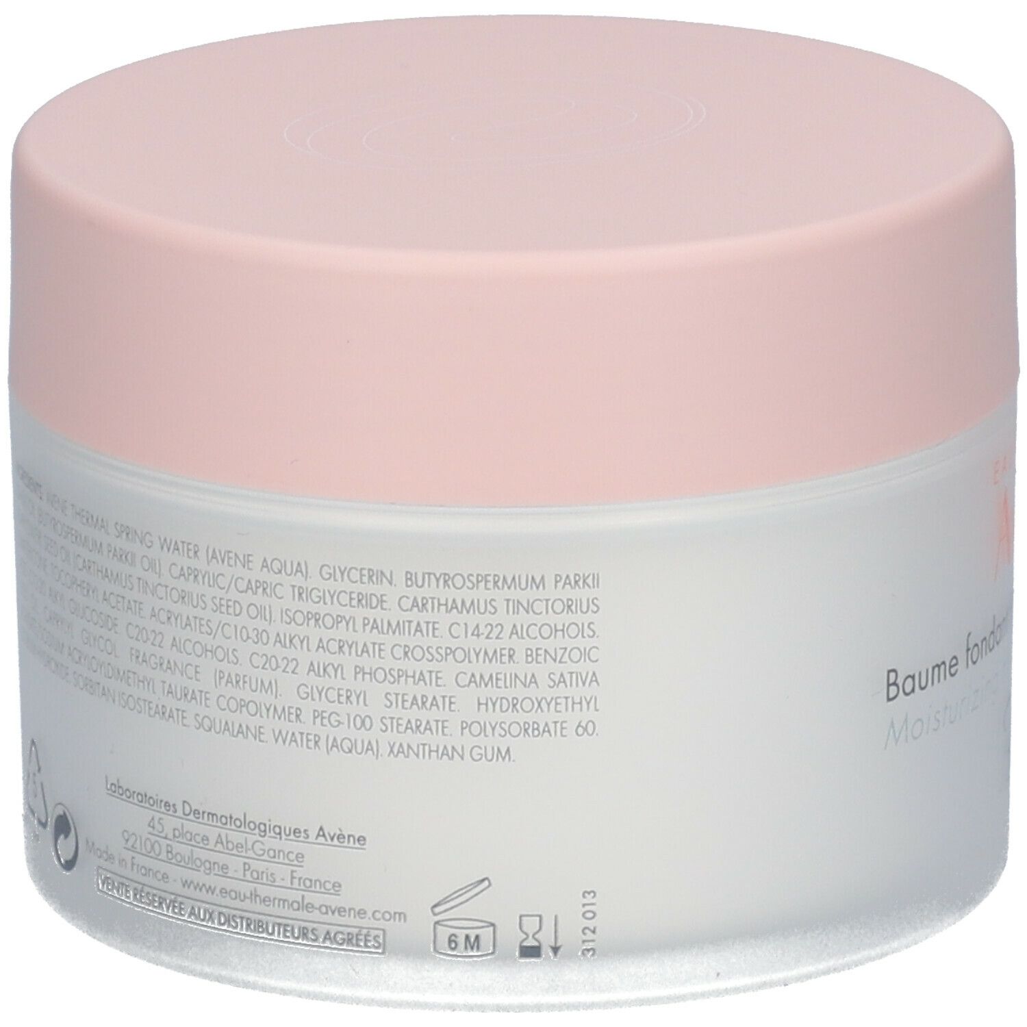 Pot de crème vu d'en bas. Couvercle rose, ingrédients et informations du fabricant visibles.