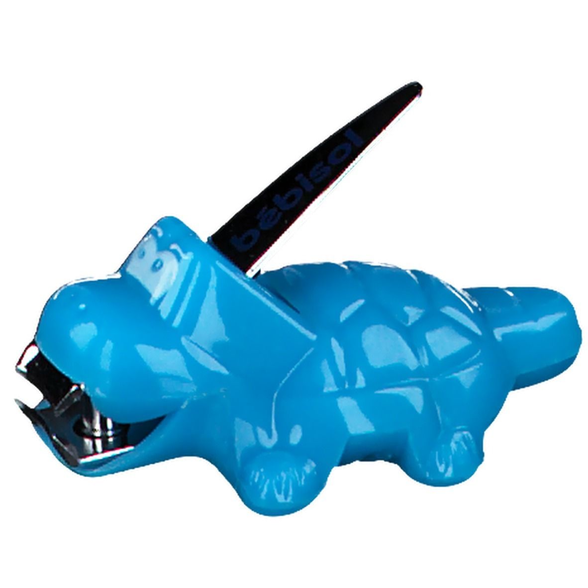 Croc'ongles bleu en forme de tortue. Lame argentée, logo bébisol. Fond blanc.