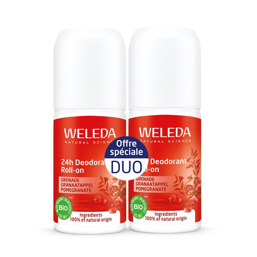 Deux déodorants roll-on. Flacons rouges et blancs avec inscription WELEDA, 24h Déodorant, Grenade. Pack duo.