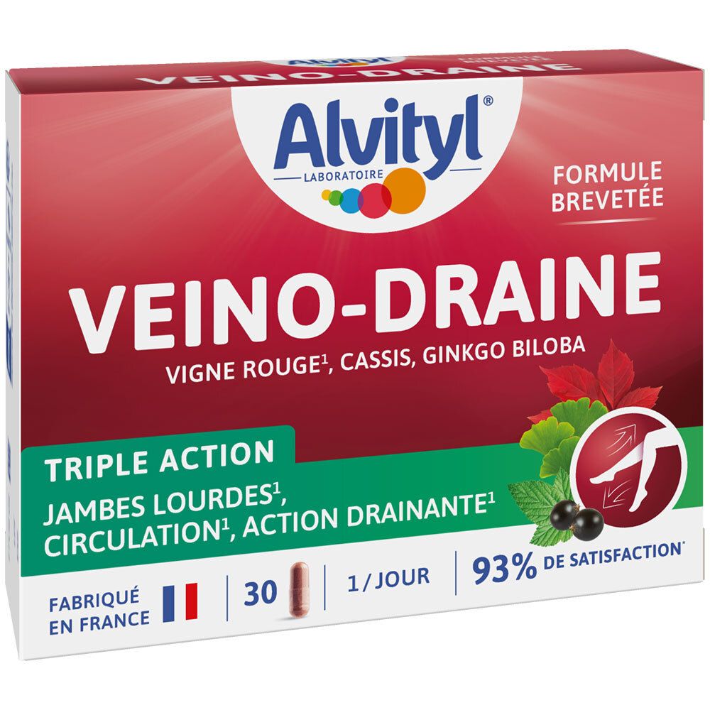 Boîte Alvityl Veino-Draine. Rouge et blanche, nom du produit et ingrédients. Illustration de jambes et de cassis.