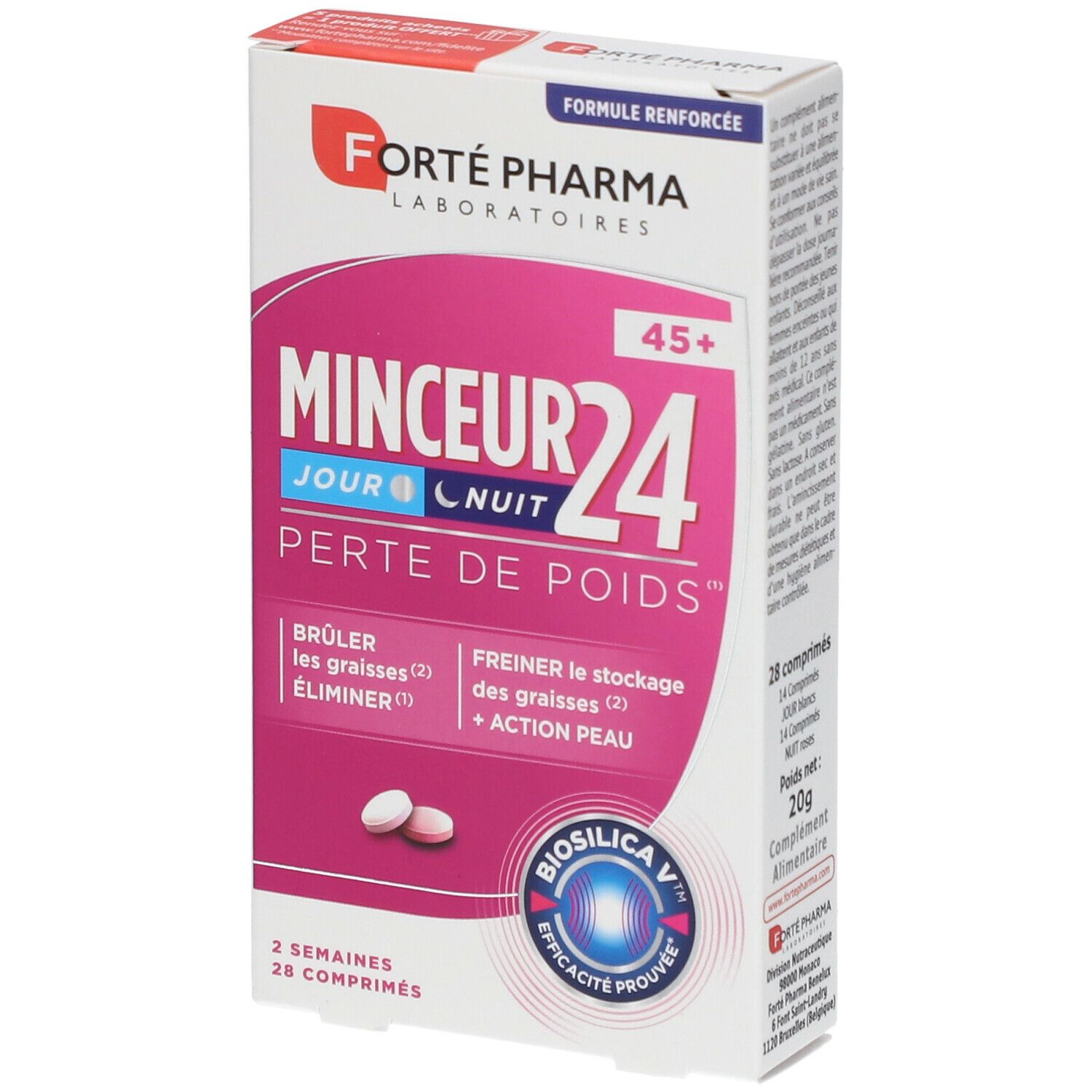 Boîte de Forté Pharma Minceur24 45+. Comprimés roses et blancs devant la boîte. Texte: 'Poids'.