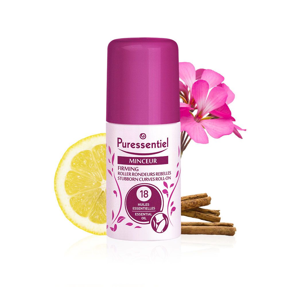 Flacon roll-on rose, citron, bâtons de cannelle et fleur rose. Inscription: Puressentiel Minceur, 18 Huiles Essentielles.