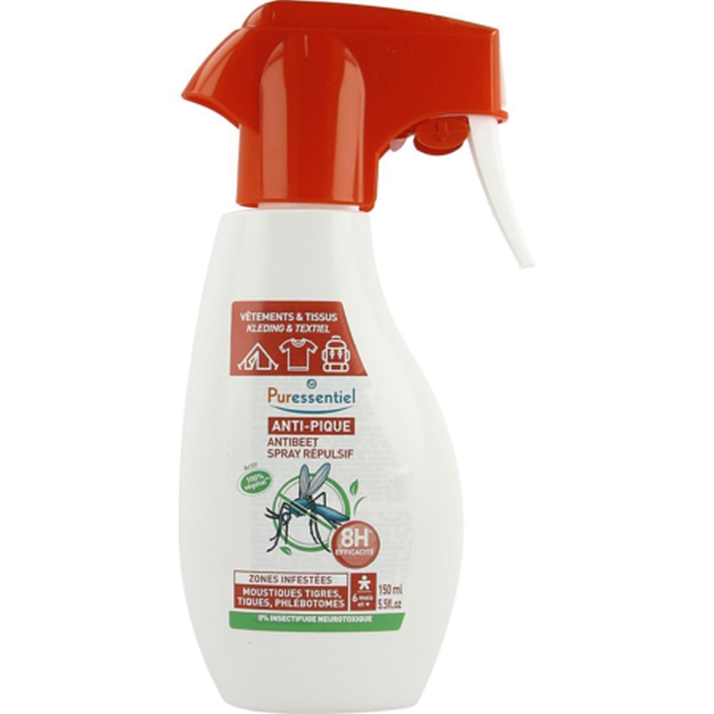 Spray blanc avec tête rouge. Inscription: Anti-Pique, efficacité 8H. Pour vêtements & tissus.