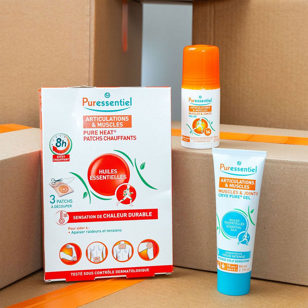Ensemble de produits. Contient: patchs, roll-on et gel. Inscription: Articulations & Muscles. Emballage en cartons.