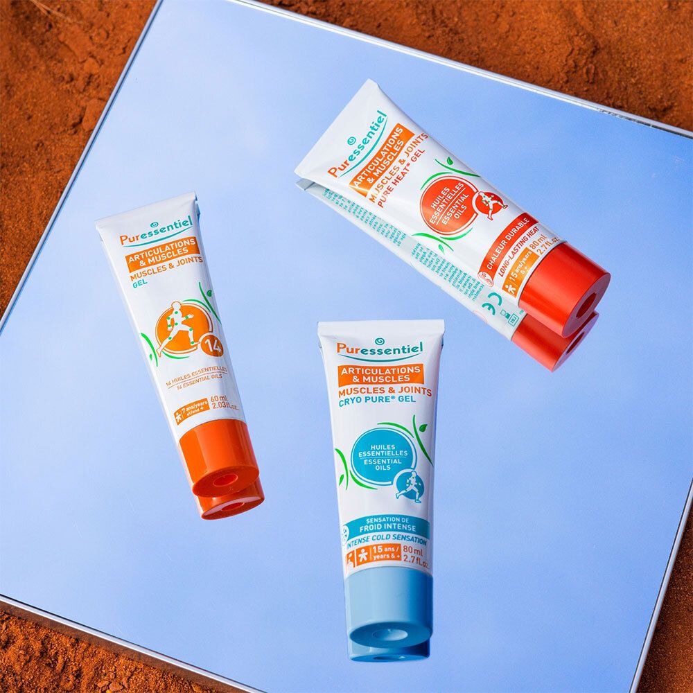 Trois produits. Roll-on et deux gels. Inscription: Articulations & Muscles, Cryo Pure Gel. Orange et bleu.