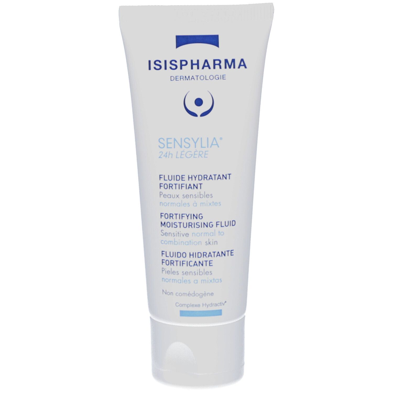 Tube blanc avec texte bleu. Contient ISISPHARMA Dermatologie Sensylia 24 h Légère. Texte en français et anglais.