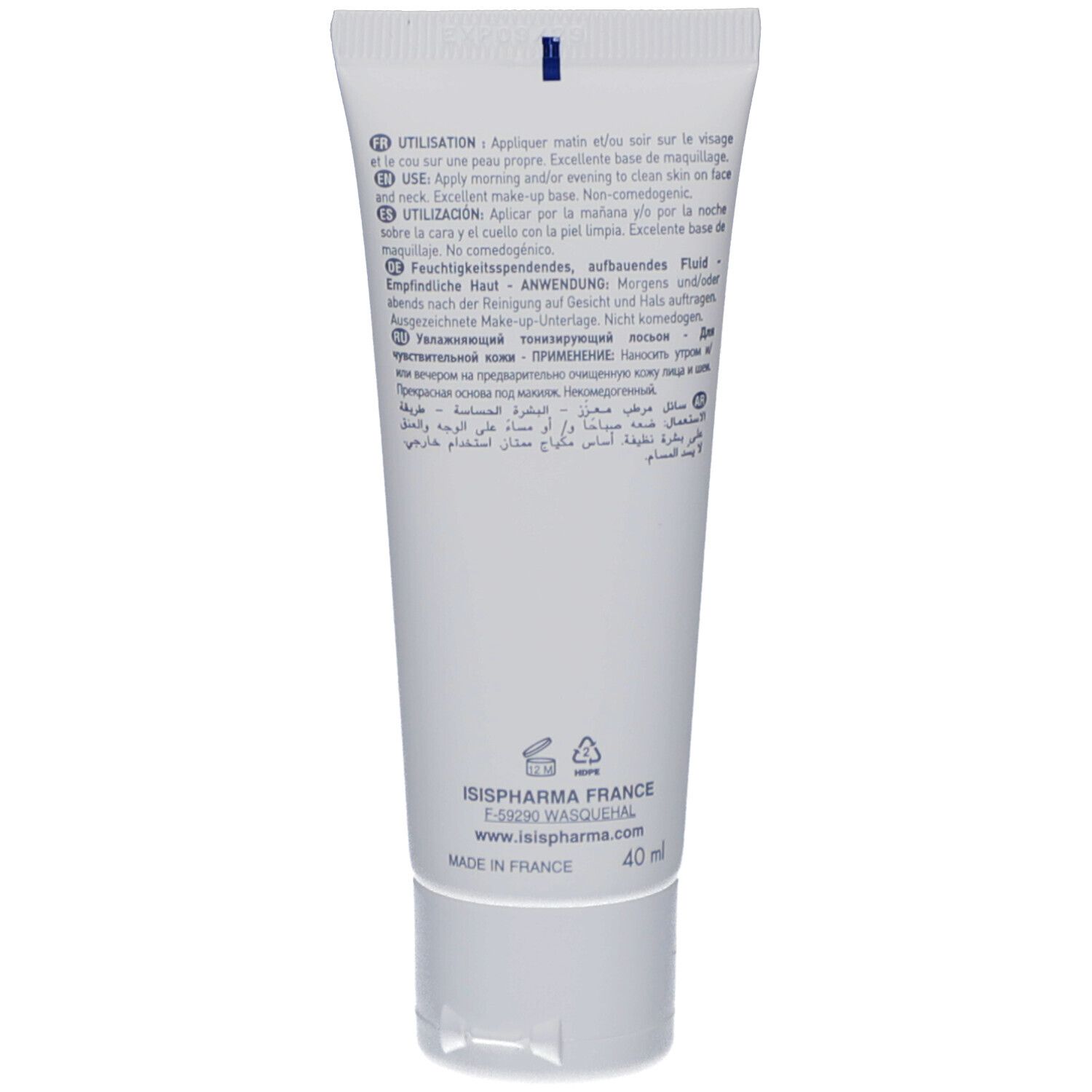 Dos d'un tube blanc. Contient du texte en plusieurs langues, dont l'allemand, le français, l'italien et l'anglais. 40 ml.