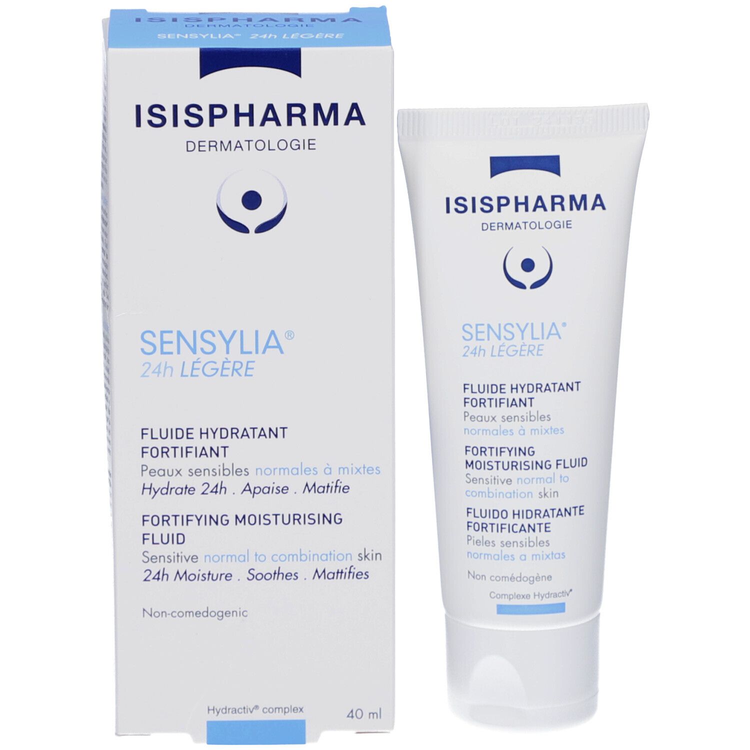Emballage du produit avec tube. Contient ISISPHARMA Sensylia 24 h Légère. Tube blanc et boîte avec texte bleu. 40 ml.