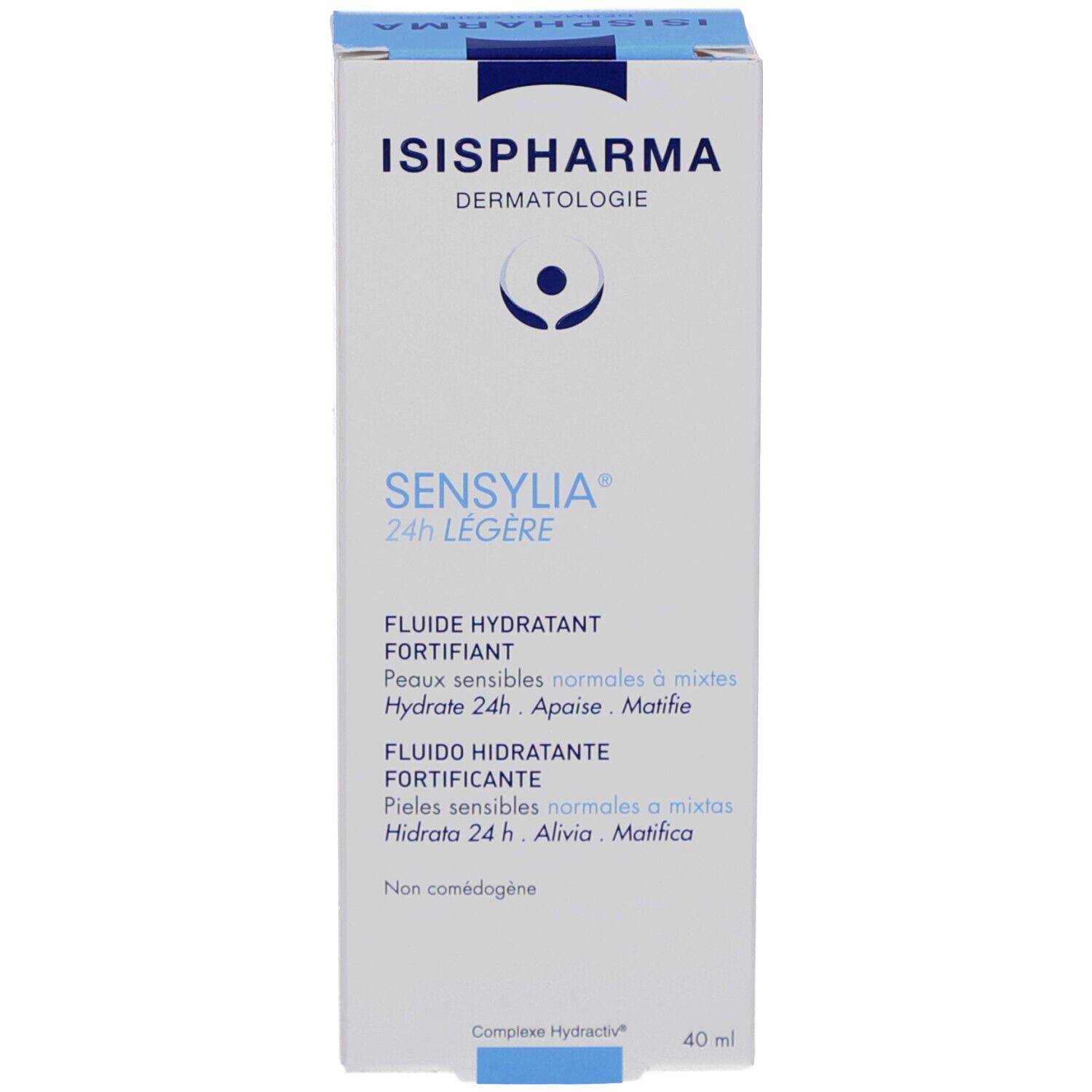 Emballage du produit avec texte bleu et blanc. Contient ISISPHARMA Sensylia 24 h Légère. Texte en français et anglais.