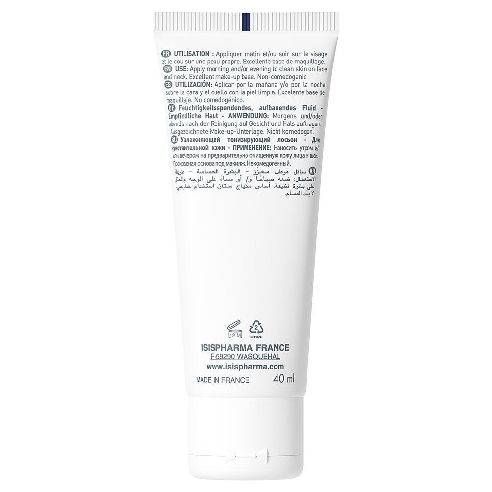 Dos d'un tube blanc. Contient du texte en plusieurs langues, dont l'allemand, le français, l'italien et l'anglais. 40 ml.