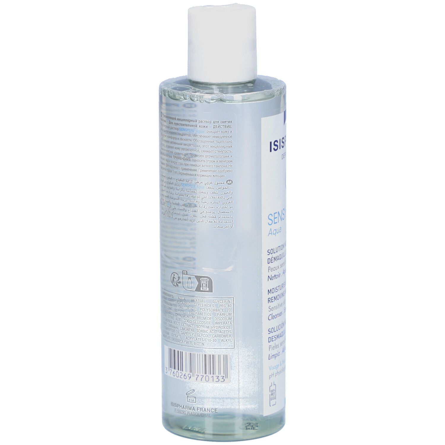 Dos d'un flacon transparent. Texte en plusieurs langues. Code-barres et code QR.