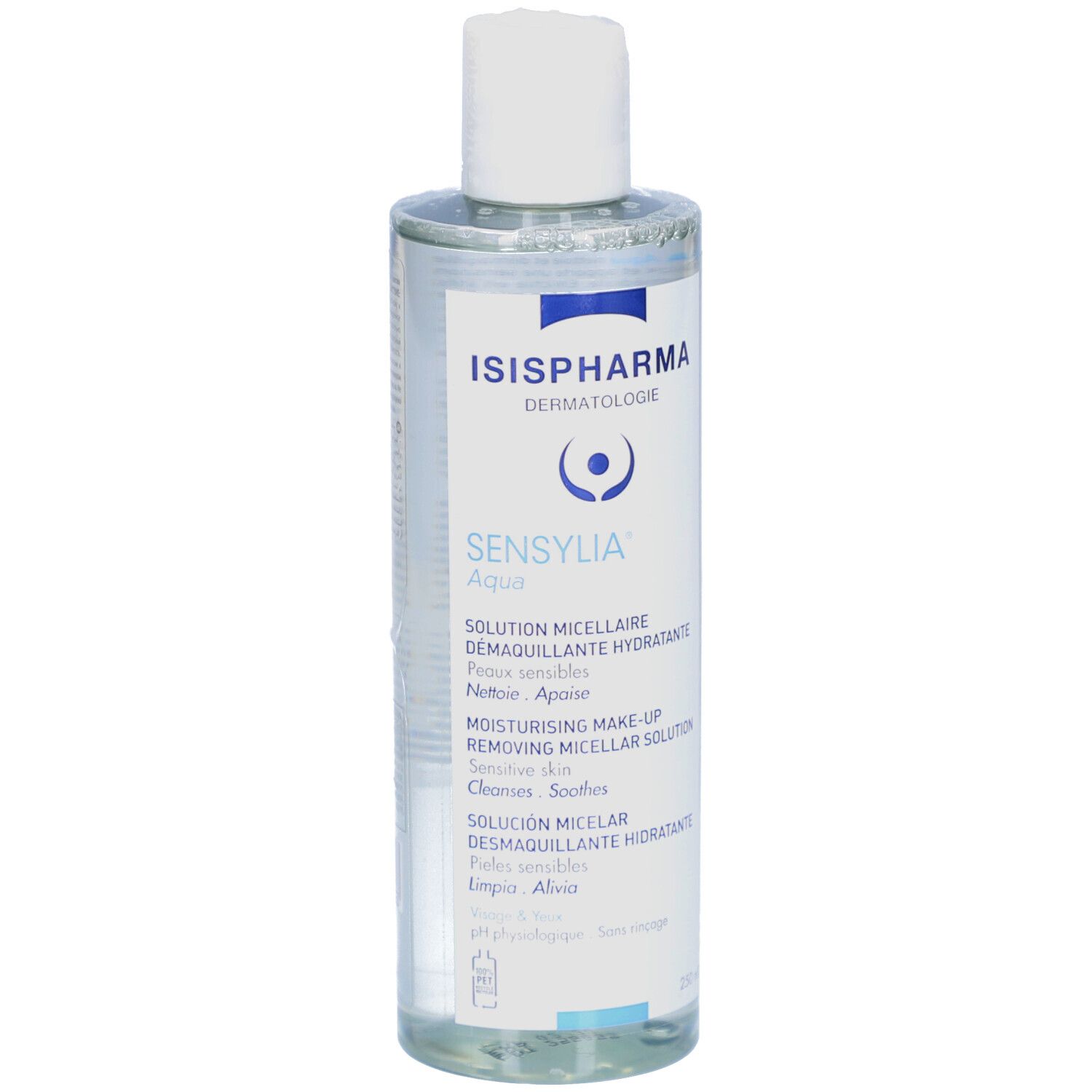 Flacon transparent avec bouchon blanc. Inscription: ISISPHARMA Sensylia Aqua. Description du produit en plusieurs langues.