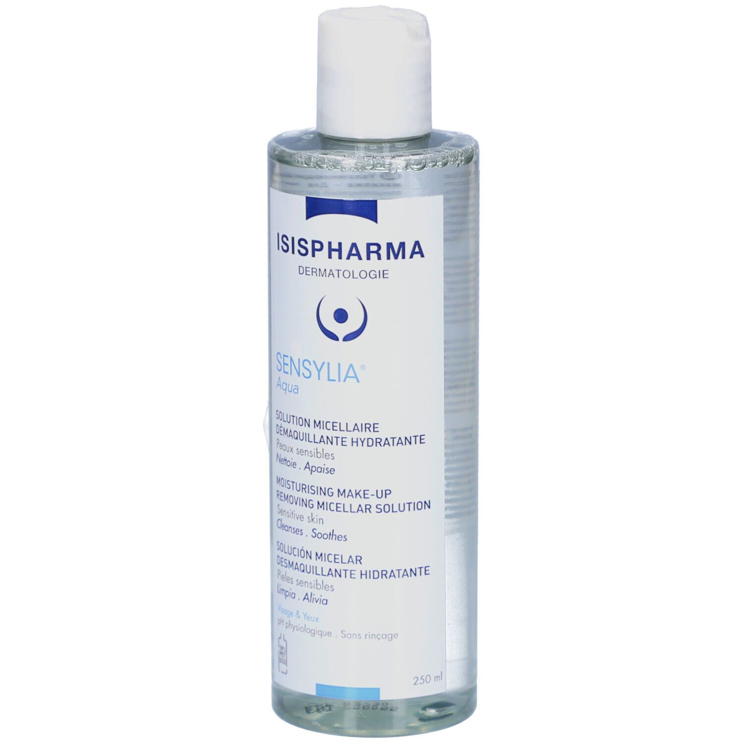 Flacon transparent avec bouchon blanc. Inscription: ISISPHARMA Sensylia Aqua. Description du produit en plusieurs langues.