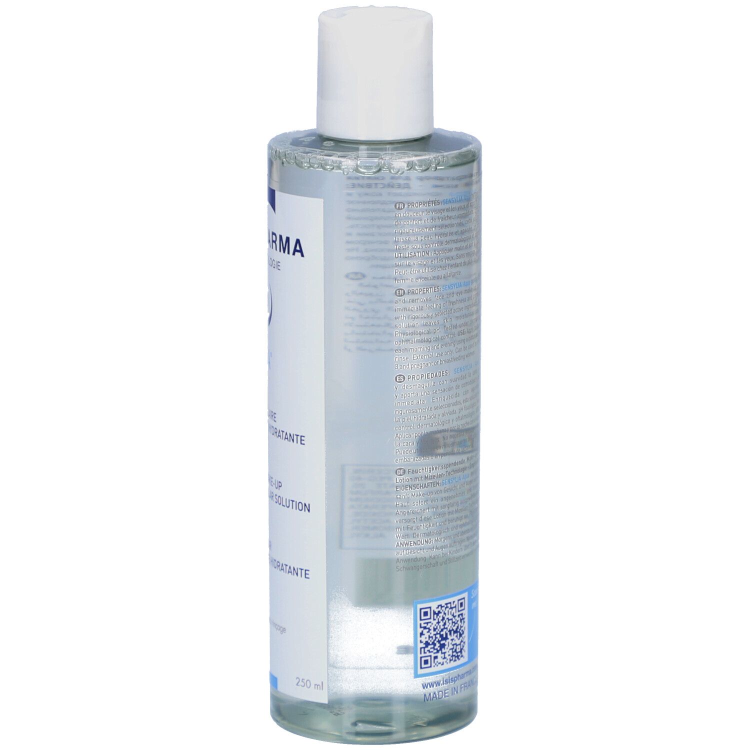 Dos d'un flacon transparent. Texte en plusieurs langues. Code-barres et code QR.