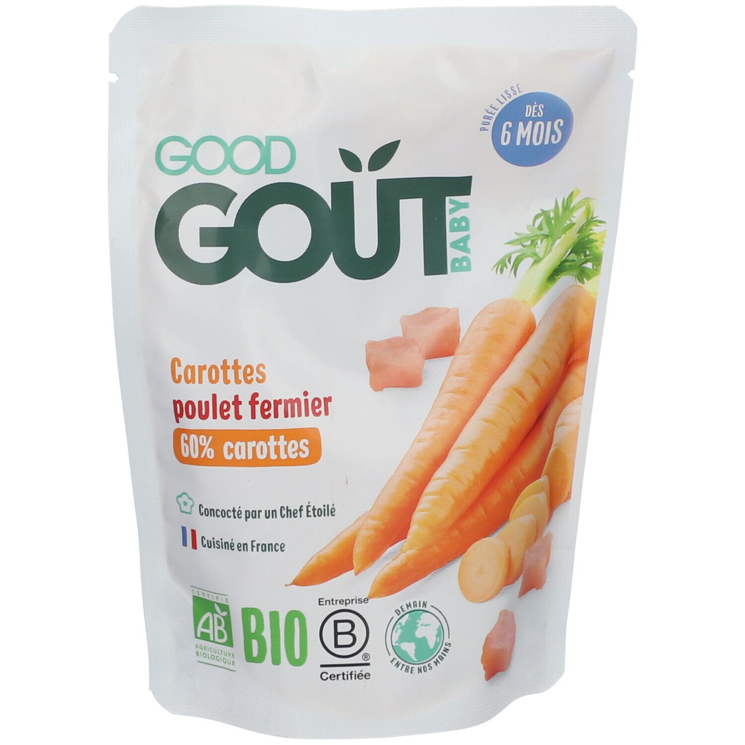 Pochette GOOD GOÛT Babybrei Carotte Hühnchen avec carottes et dés de poulet.