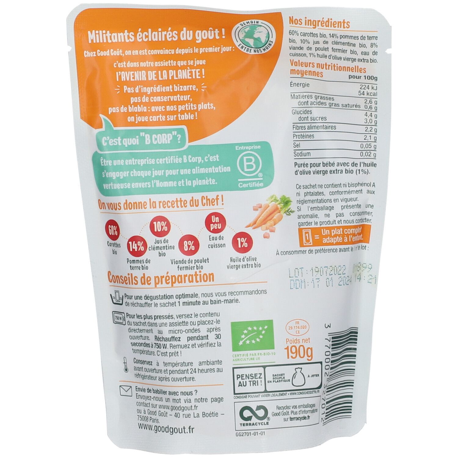 Dos GOOD GOÛT Babybrei Carotte Hühnchen pochette avec informations nutritionnelles et ingrédients.