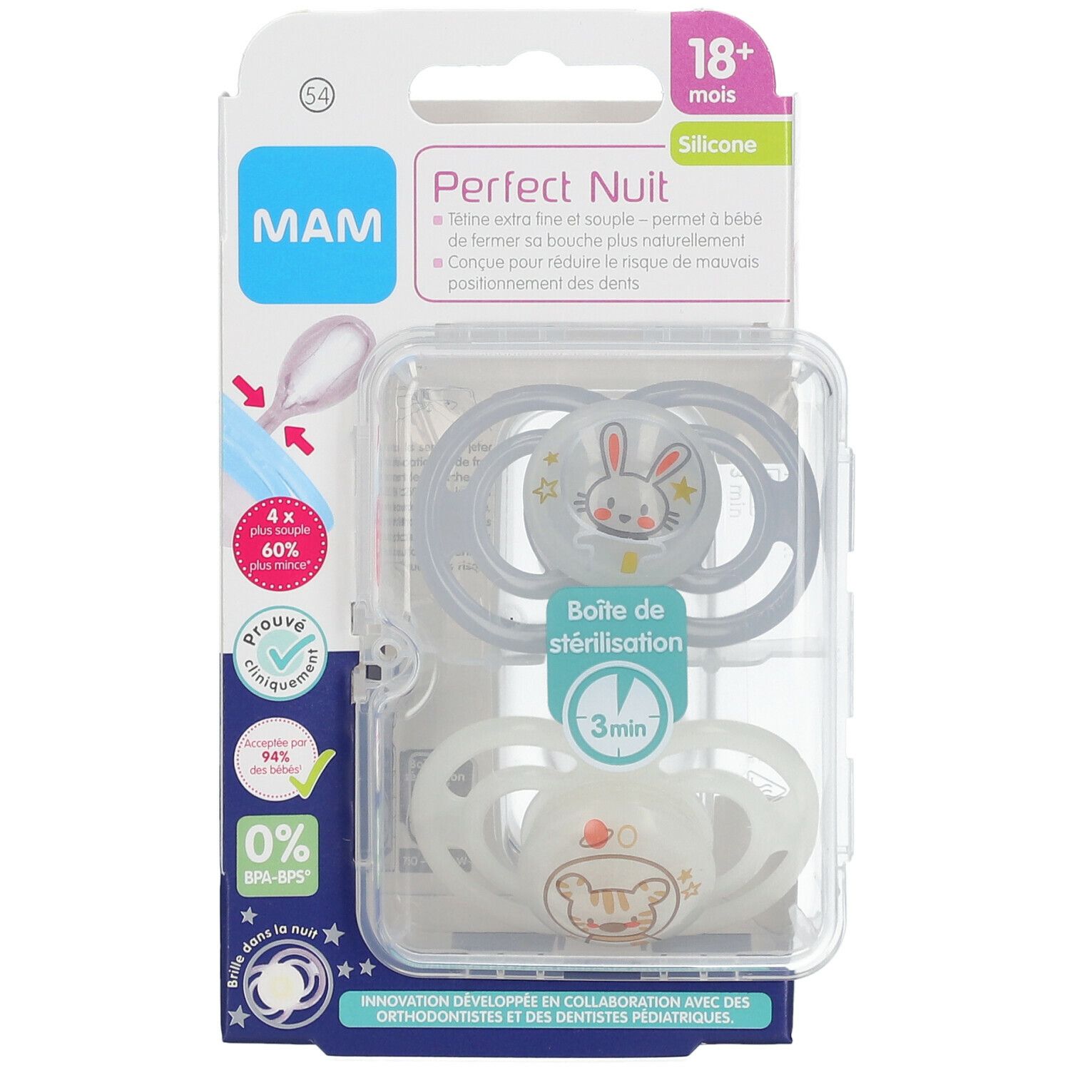 Emballage de deux sucettes MAM Perfect Nuit. Silicone, 18+ mois. Motifs lapin et ours. Boîte de stérilisation incluse.