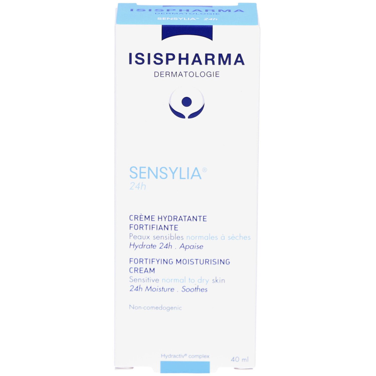 Boîte blanche ISISPHARMA Sensylia 24h. Crème pour peaux sensibles. Texte multilingue.