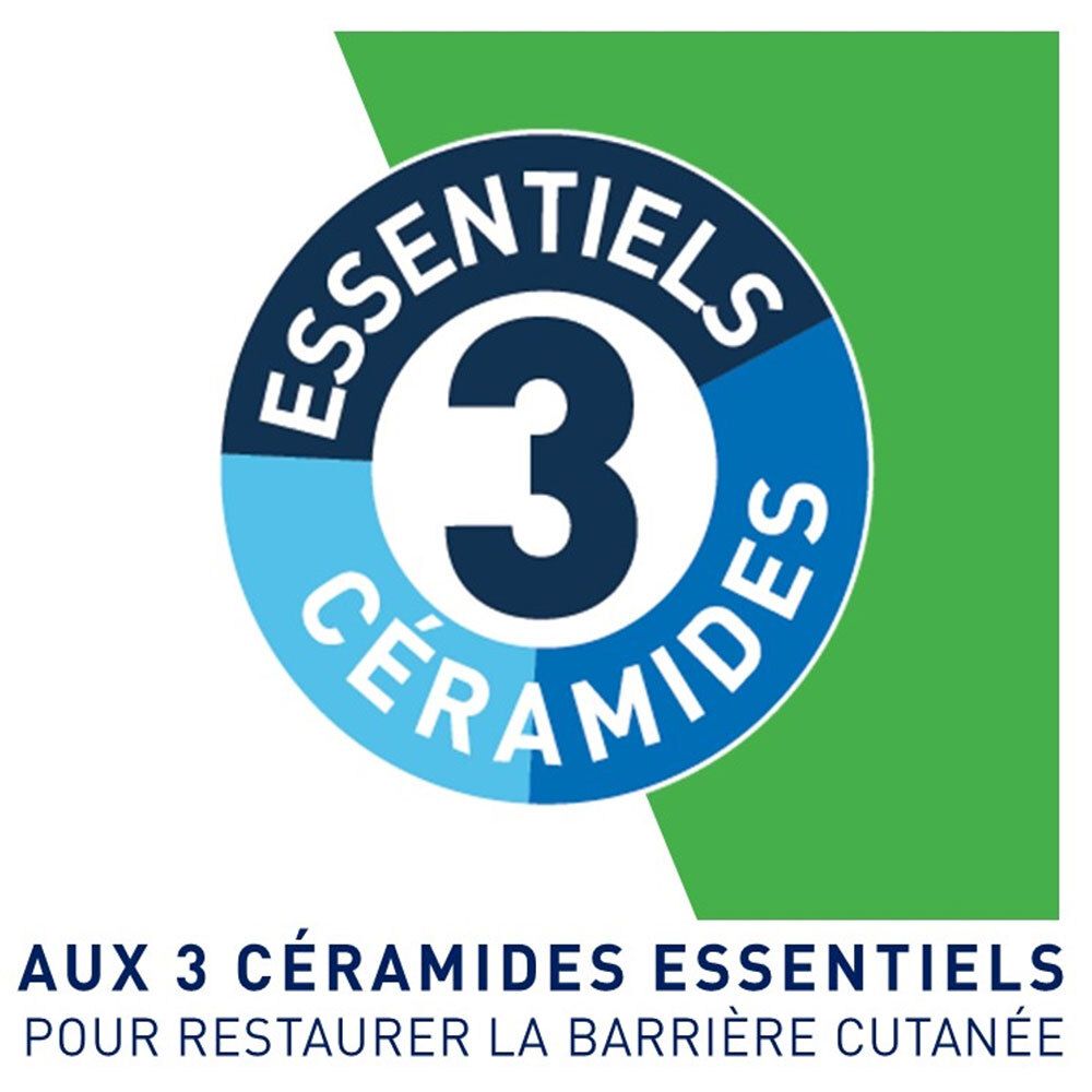 Logo circulaire avec texte: 3 céramides essentiels. Texte: Aux 3 céramides essentiels.