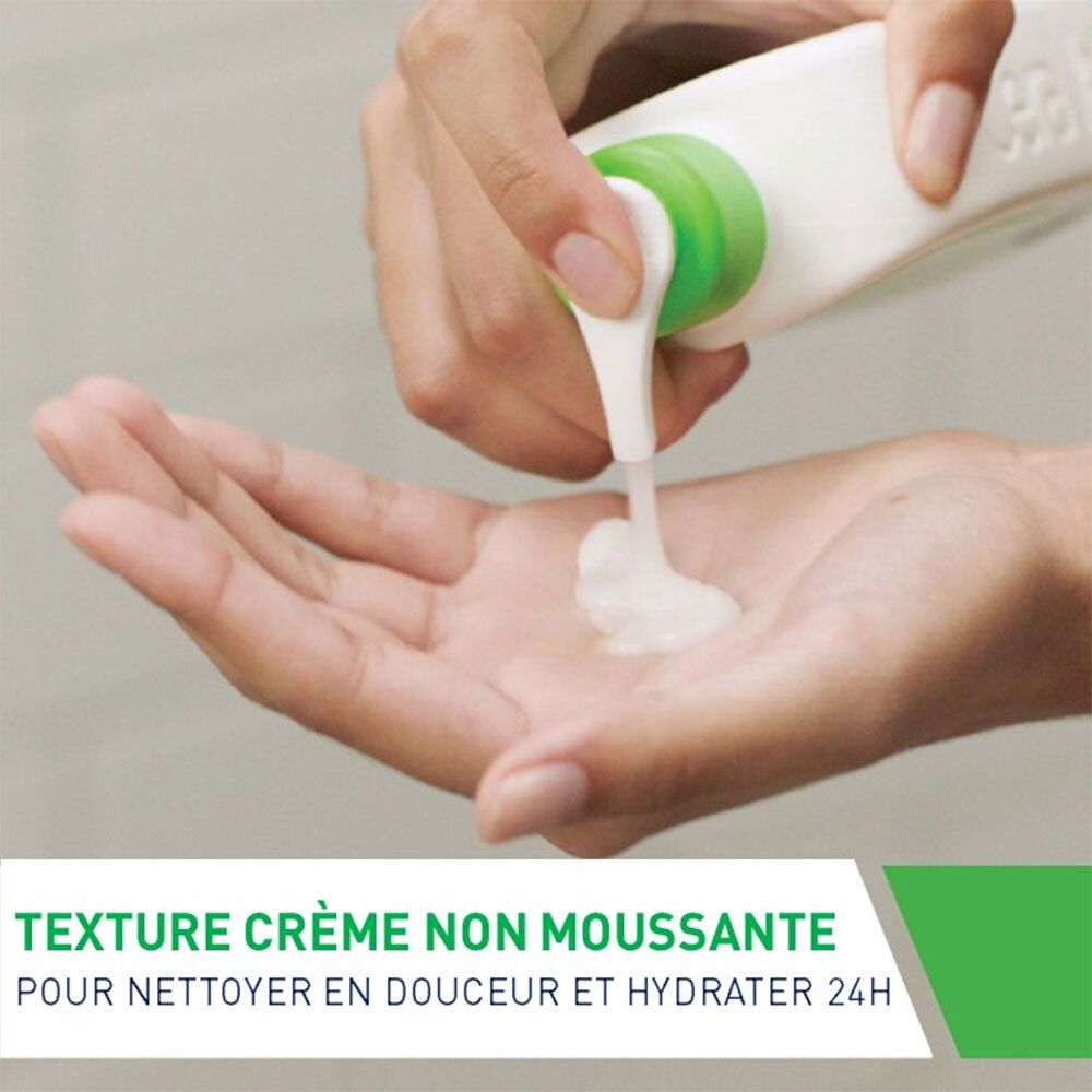 Main prélevant le produit d'un flacon. Texte: Texture crème non moussante.