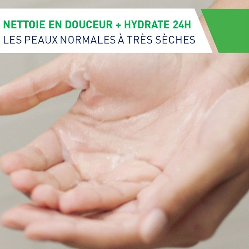 Mains avec produit. Texte: Nettoie en douceur + Hydrate 24h. Peaux normales à très sèches.