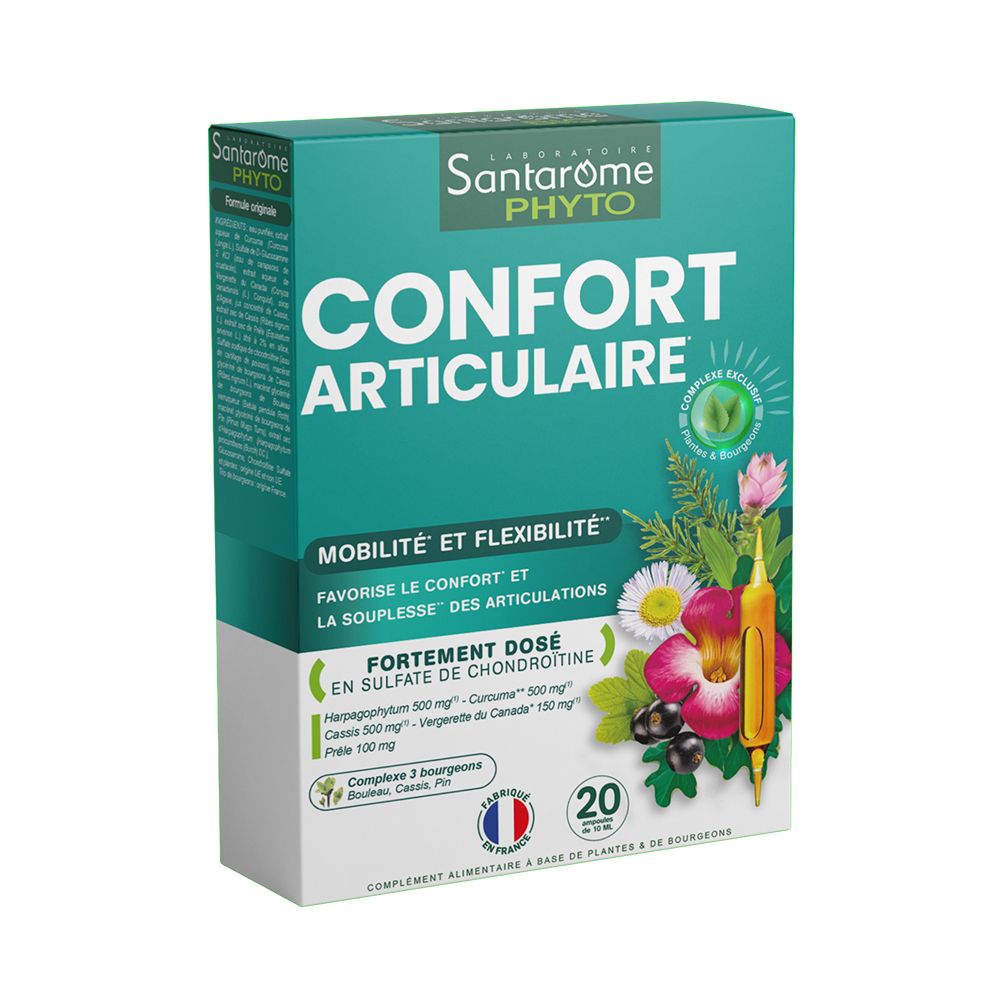 Boîte verte SANTAROME Phyto Confort articulaire. Contient 20 ampoules. Inscription : Confort articulaire, Mobilité et Flexibilité.