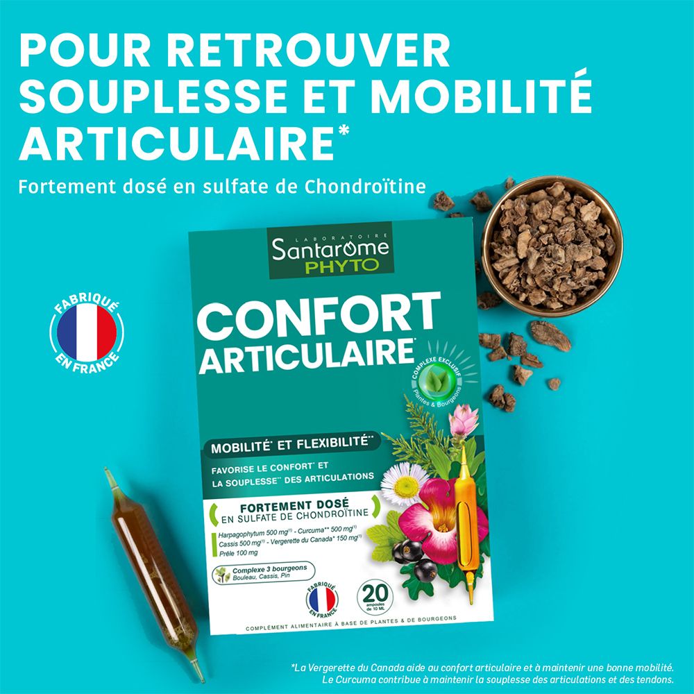 Emballage et ampoules. Texte : Confort articulaire, Mobilité et Flexibilité. Contient 20 ampoules. Fabriqué en France.