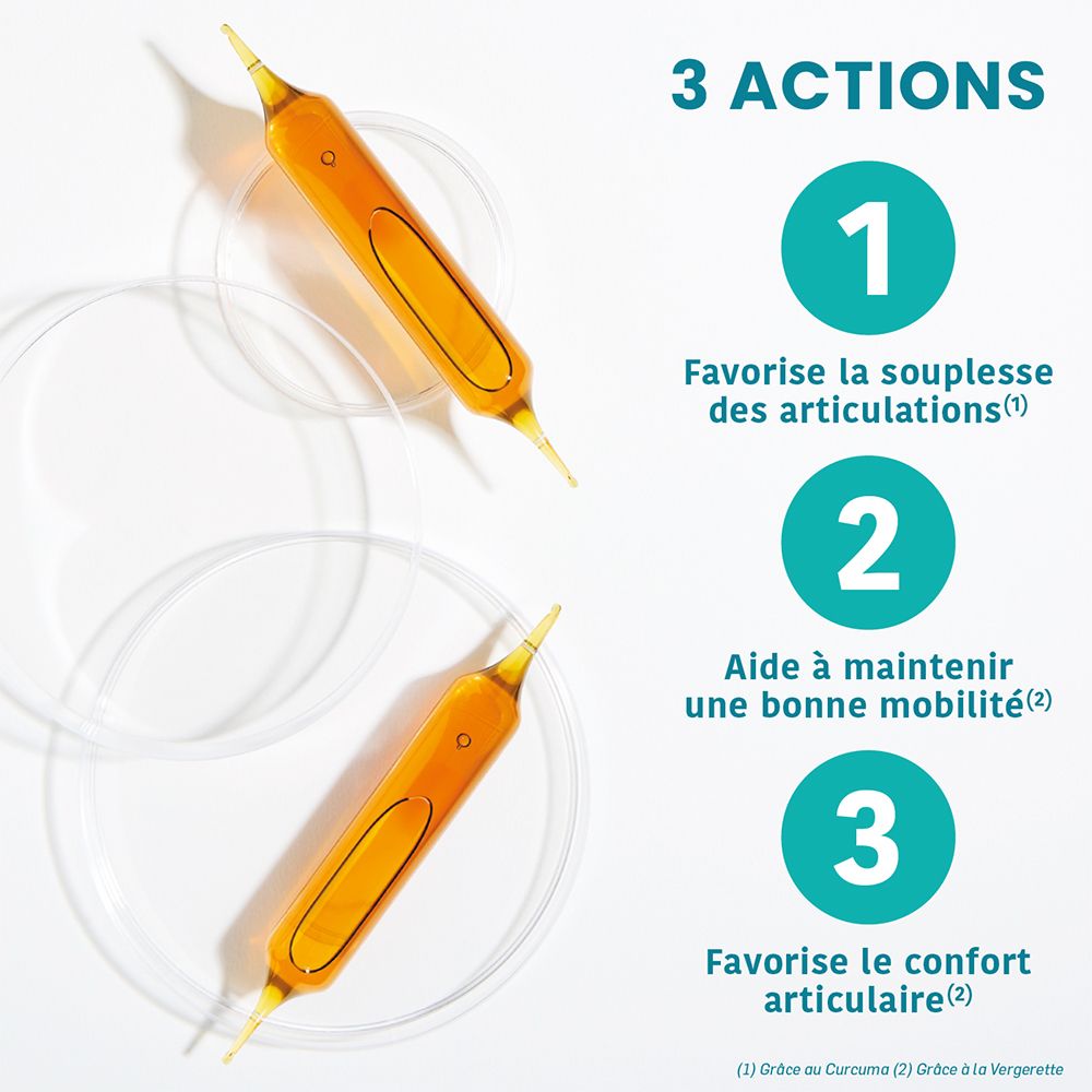 Deux ampoules. Texte : 3 actions. 1. Favorise la souplesse des articulations. 2. Aide à maintenir une bonne mobilité. 3. Favorise le confort.
