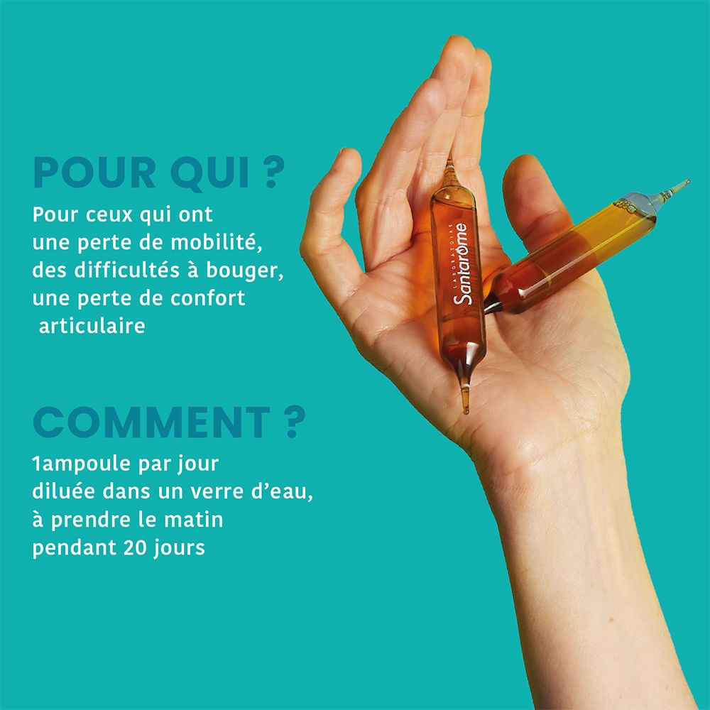 Main tenant deux ampoules. Texte : Pour qui ? Pour ceux qui ont une perte de mobilité, des difficultés à bouger, une perte de confort articulaire.