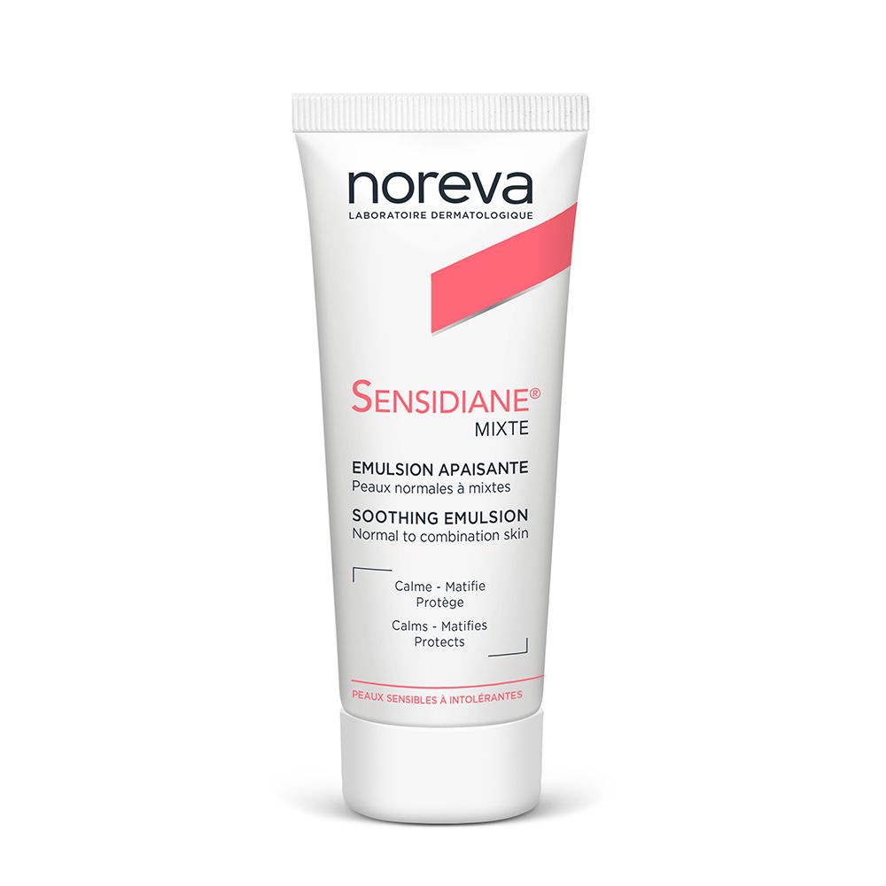 Tube blanc avec détail rose. Inscription: noreva, Sensidiane, Emulsion apaisante, Peaux sensibles & intolérantes.