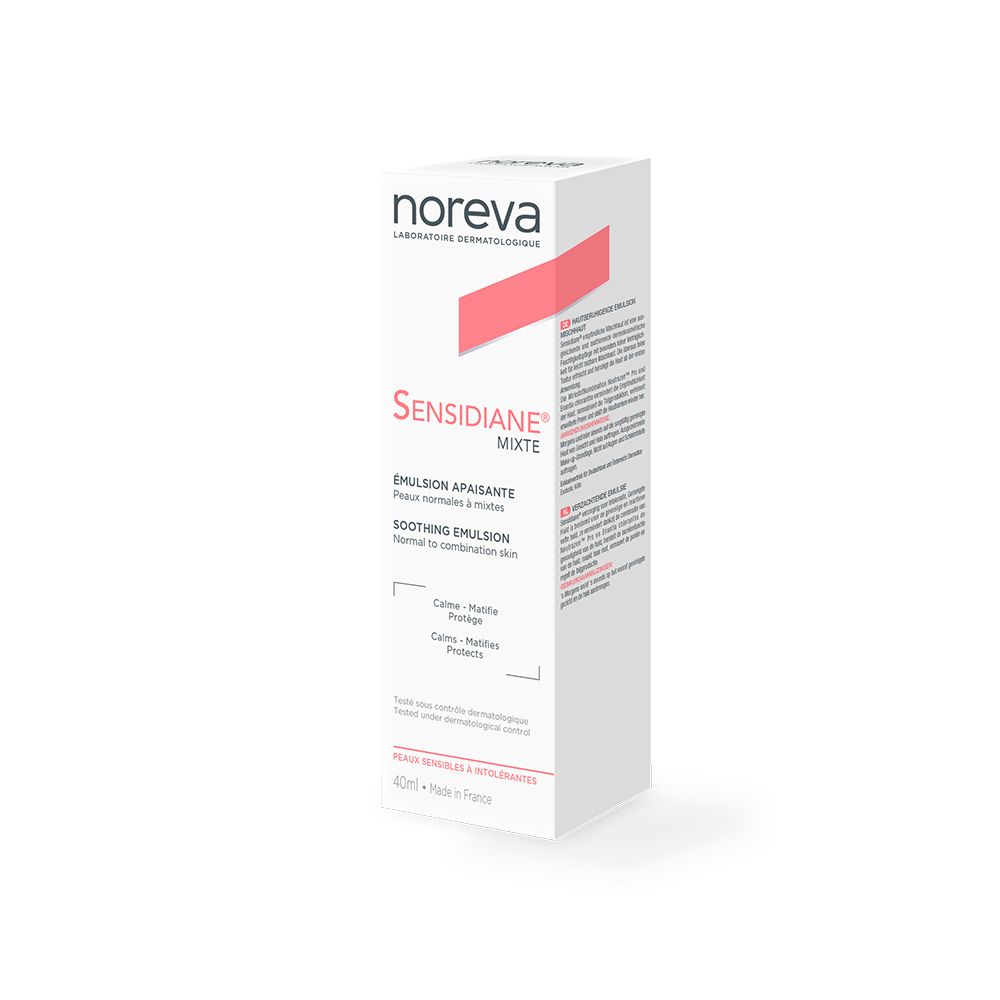 Boîte avec informations produit. Inscription: noreva, Sensidiane, Emulsion apaisante, Peaux sensibles & intolérantes.