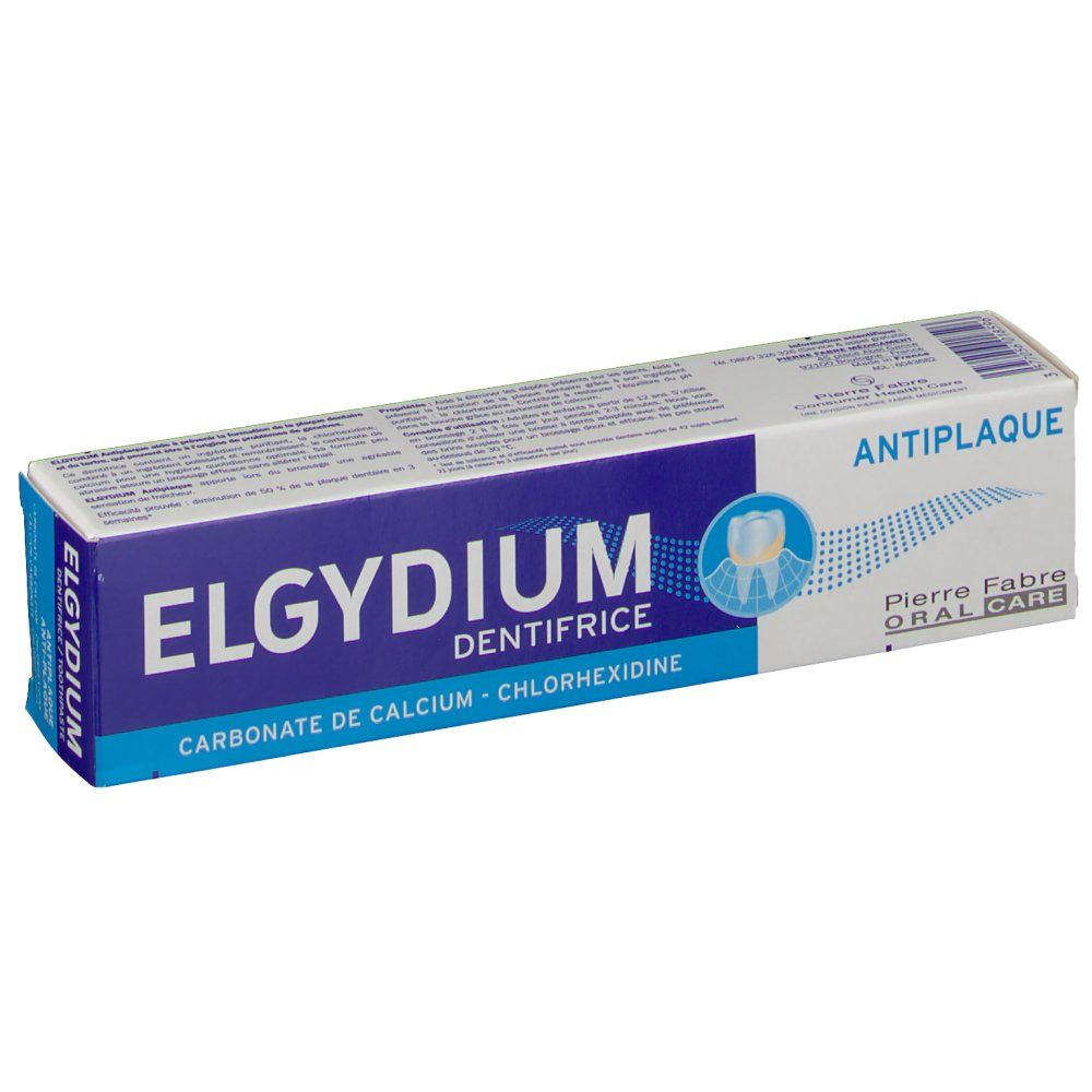 Boîte de dentifrice blanche et bleue. Inscription: ELGYDIUM DENTIFRICE, Antiplaque, Pierre Fabre Oral Care. Contient carbonate de calcium et chlorhexidine.