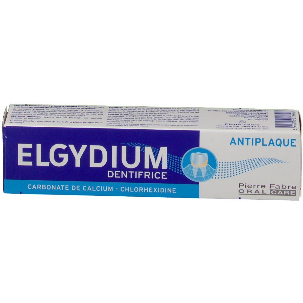 Boîte de dentifrice blanche et bleue. Inscription: ELGYDIUM DENTIFRICE, Antiplaque, Pierre Fabre Oral Care. Contient carbonate de calcium et chlorhexidine.