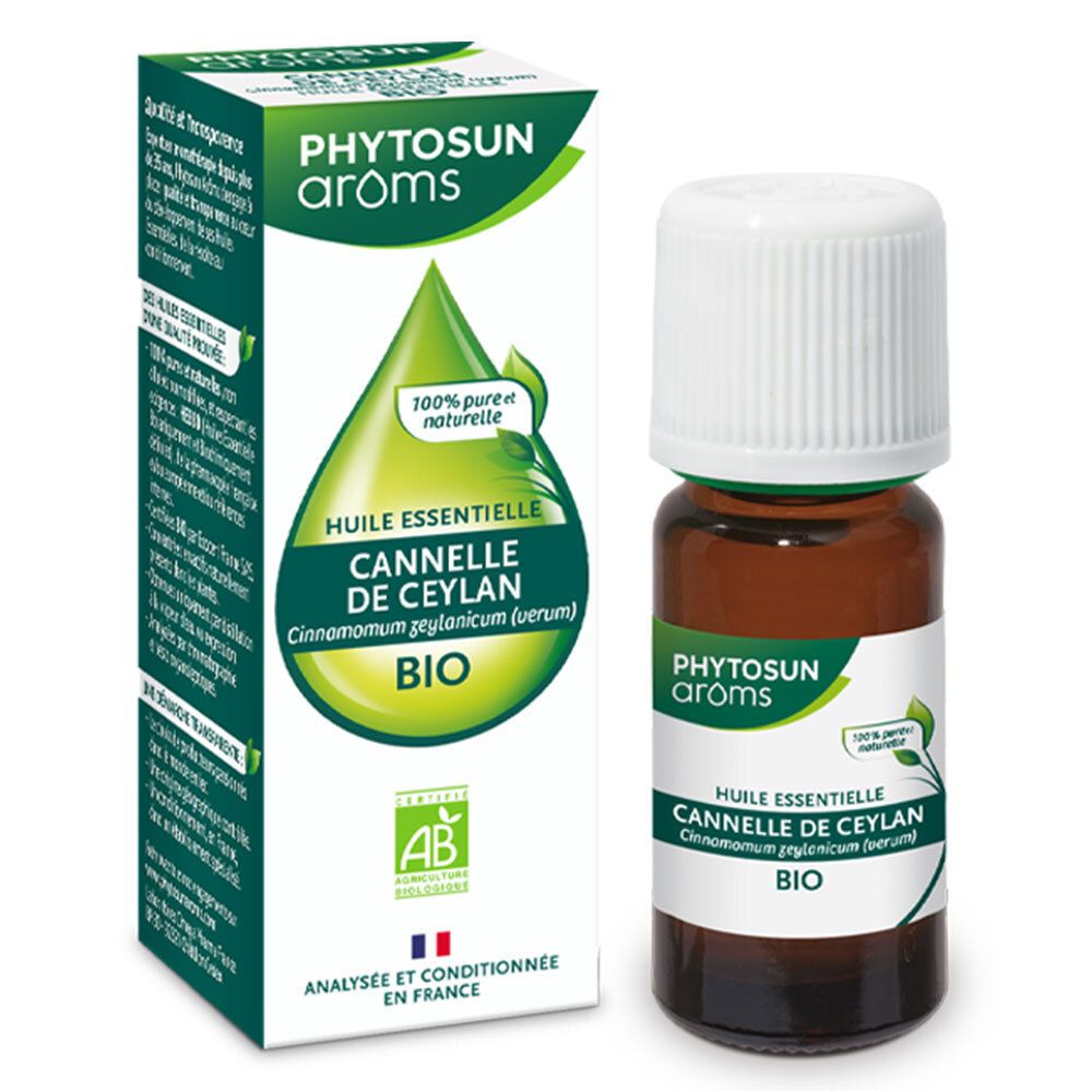 Flacon et boîte d'huile essentielle. Inscription : Huile Essentielle Cannelle de Ceylan BIO.