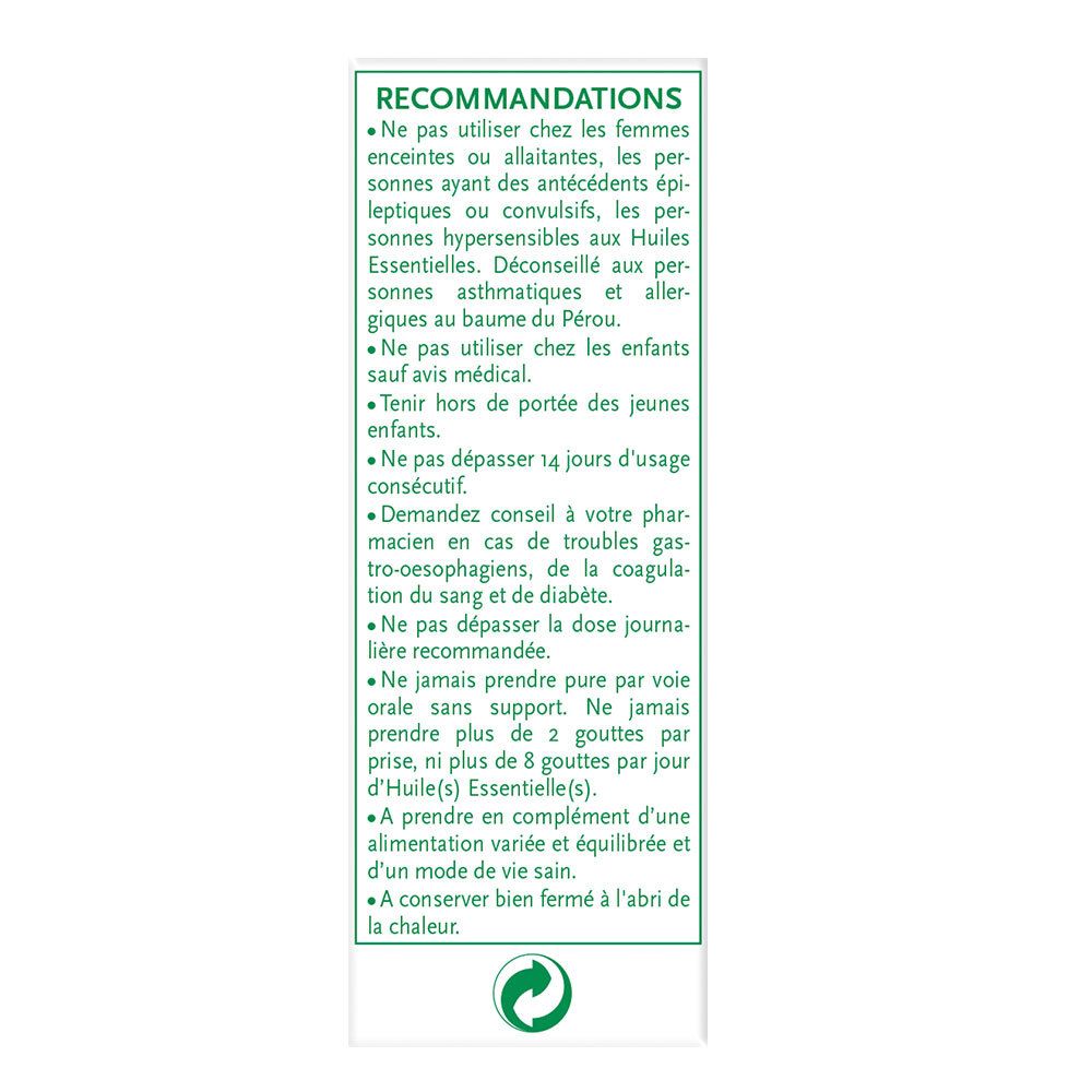 Dos de la boîte avec recommandations. Texte en français.