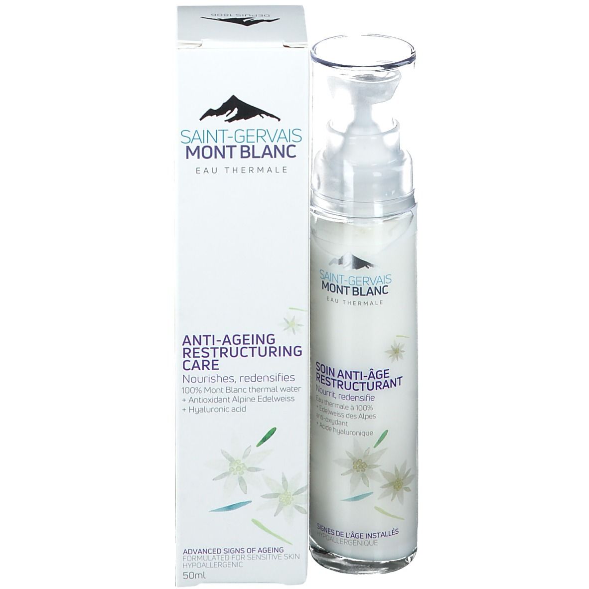 Flacon et emballage. Inscription: SAINT-GERVAIS MONT BLANC. Nom du produit: ANTI-AGEING RESTRUCTURING CARE.