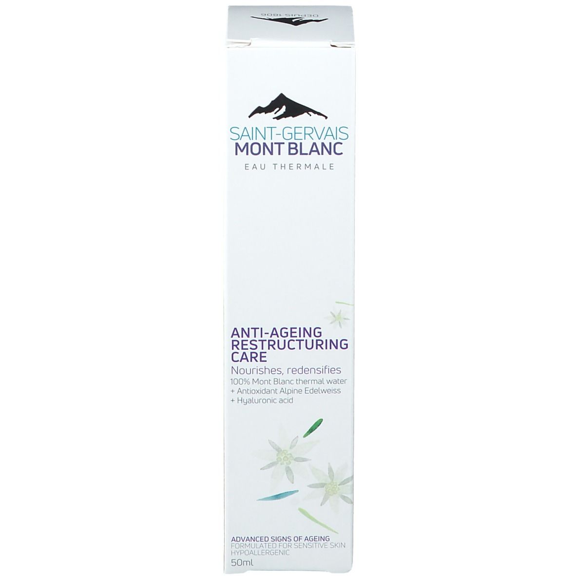 Emballage du produit. Inscription: SAINT-GERVAIS MONT BLANC. Nom du produit: ANTI-AGEING RESTRUCTURING CARE. 50ml.