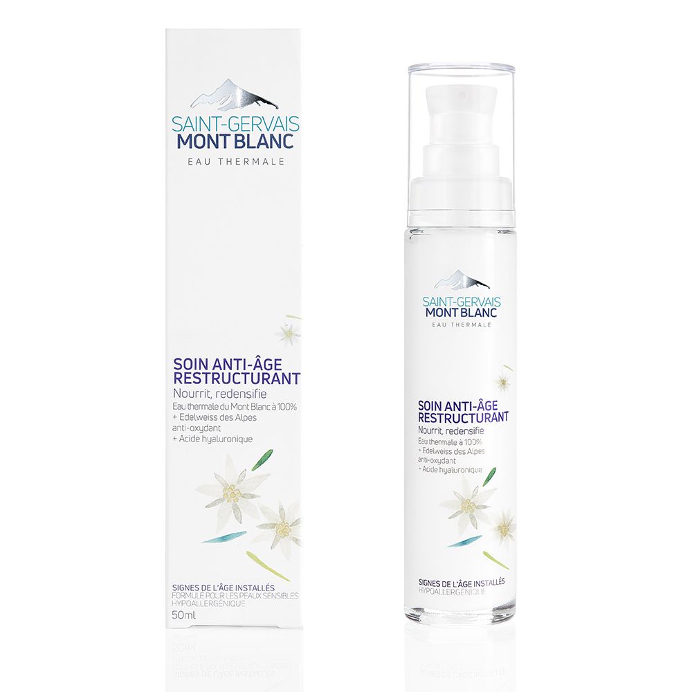 Flacon et emballage. Inscription: SAINT-GERVAIS MONT BLANC. Nom du produit: SOIN ANTI-ÂGE RESTRUCTURANT.