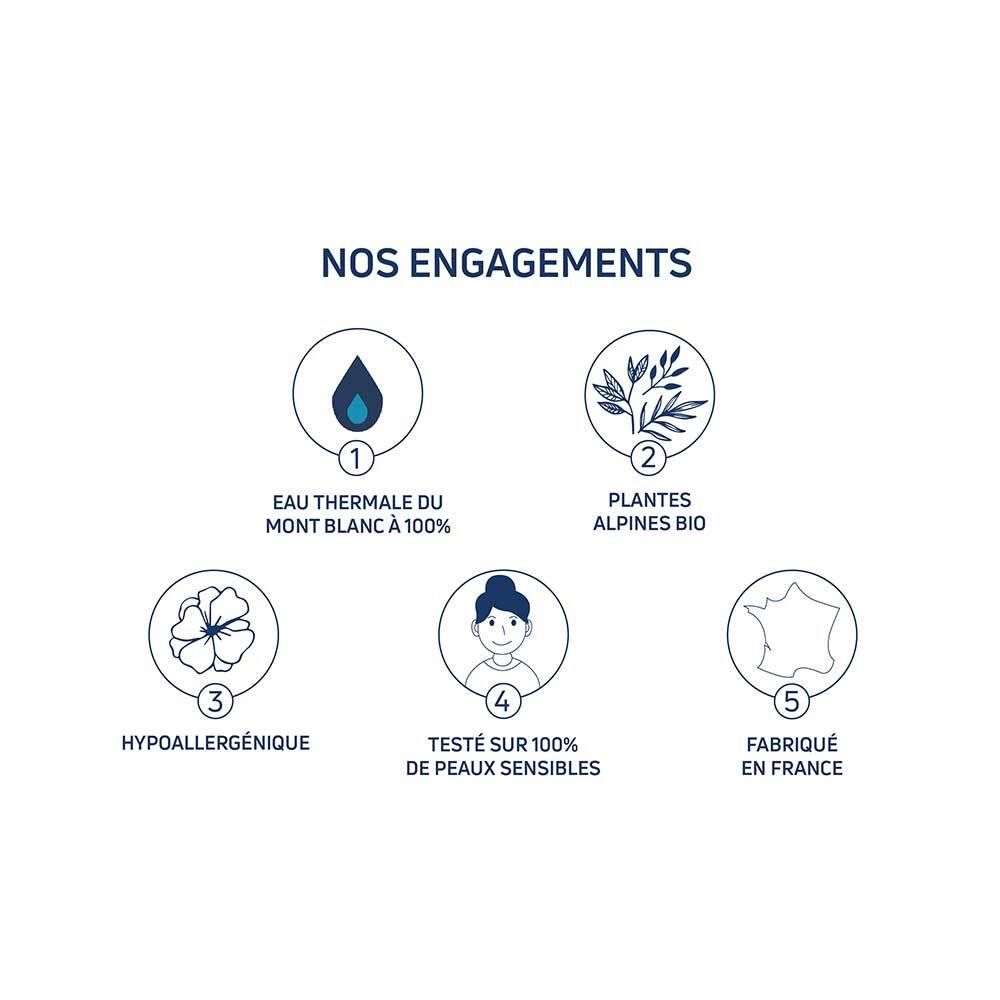 Graphique avec logos. Eau thermale, plantes alpines bio, hypoallergénique, testé peaux sensibles, fabriqué en France.