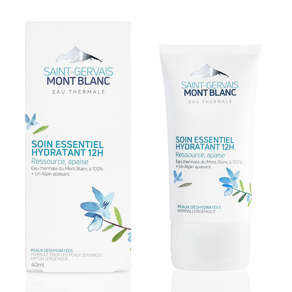 Produit et emballage. Inscription: Saint-Gervais Mont Blanc. Texte: Soin Essentiel Hydratant 12H. Pour peaux déshydratées. 40ml.