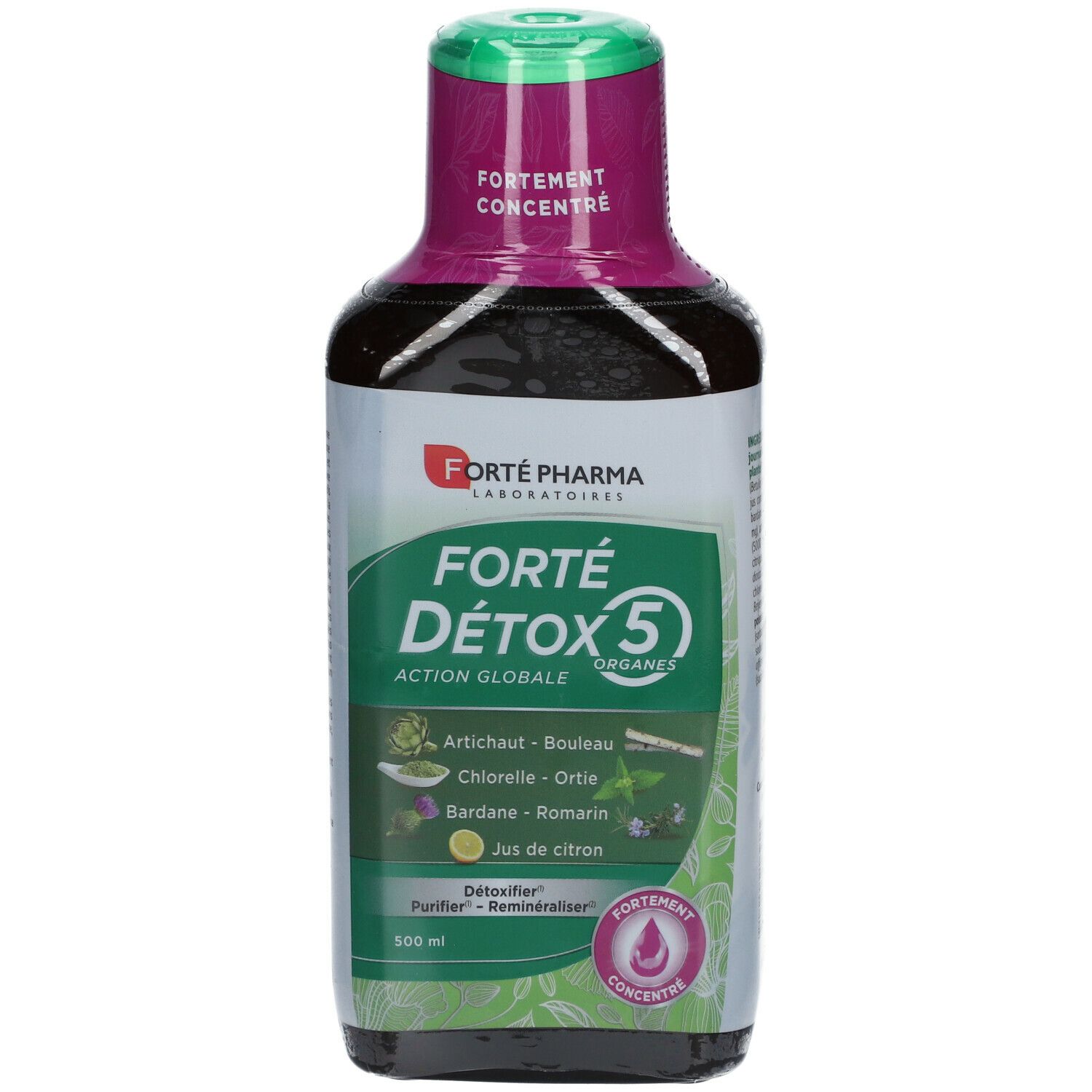 Bouteille de Forté Pharma FORTÉ DÉTOX 5 ORGANES. Étiquette verte, violette et blanche. Nom du produit et ingrédients visibles.