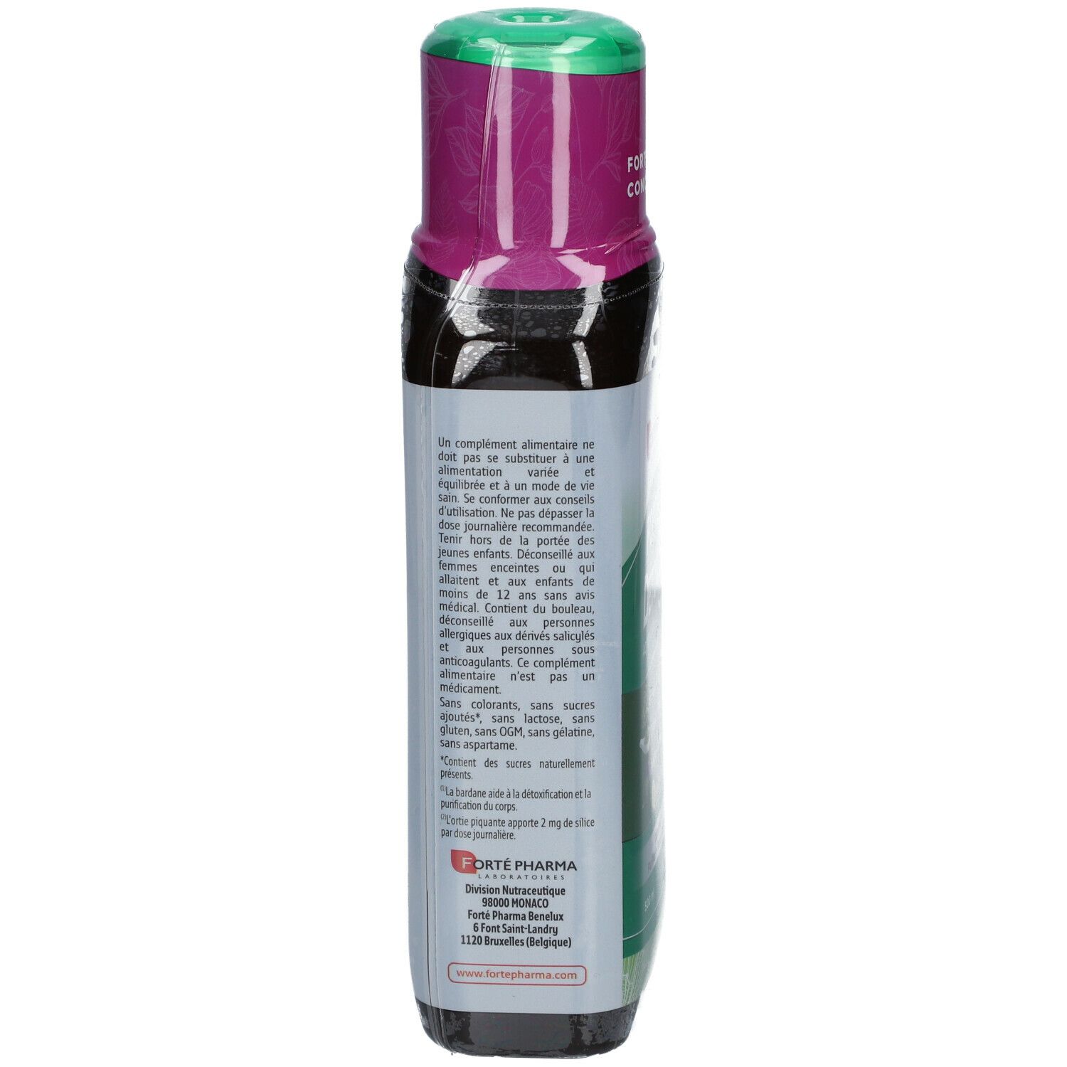Dos de la bouteille Forté Pharma FORTÉ DÉTOX 5 ORGANES. Texte multilingue. Informations sur le produit.